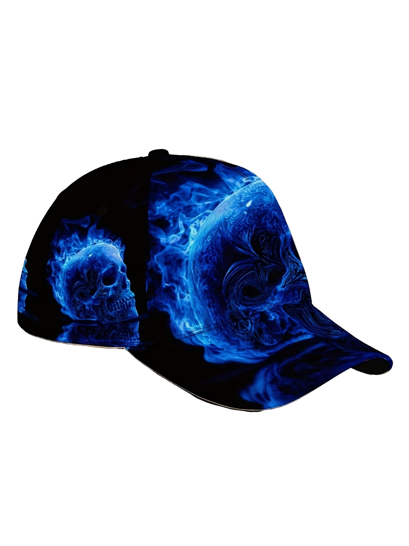 Adjustable Baseball Cap, Blue Flame Skull Print, Lightweight Polyester, Foldable Breathable, Unisex Casual Hat