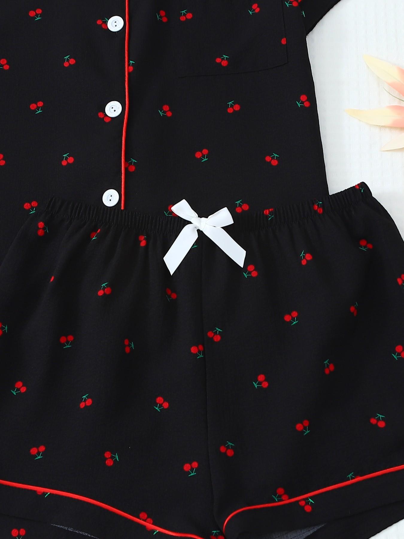 Women's Short Sleeve Button Down Top and Shorts Pajama Set, Spring Summer Wear, For French Lazy Style Girls, Black Base Red Cherry Print, Classic Lapel Collar, Loose Fit, Comfortable For Home & Short Trips