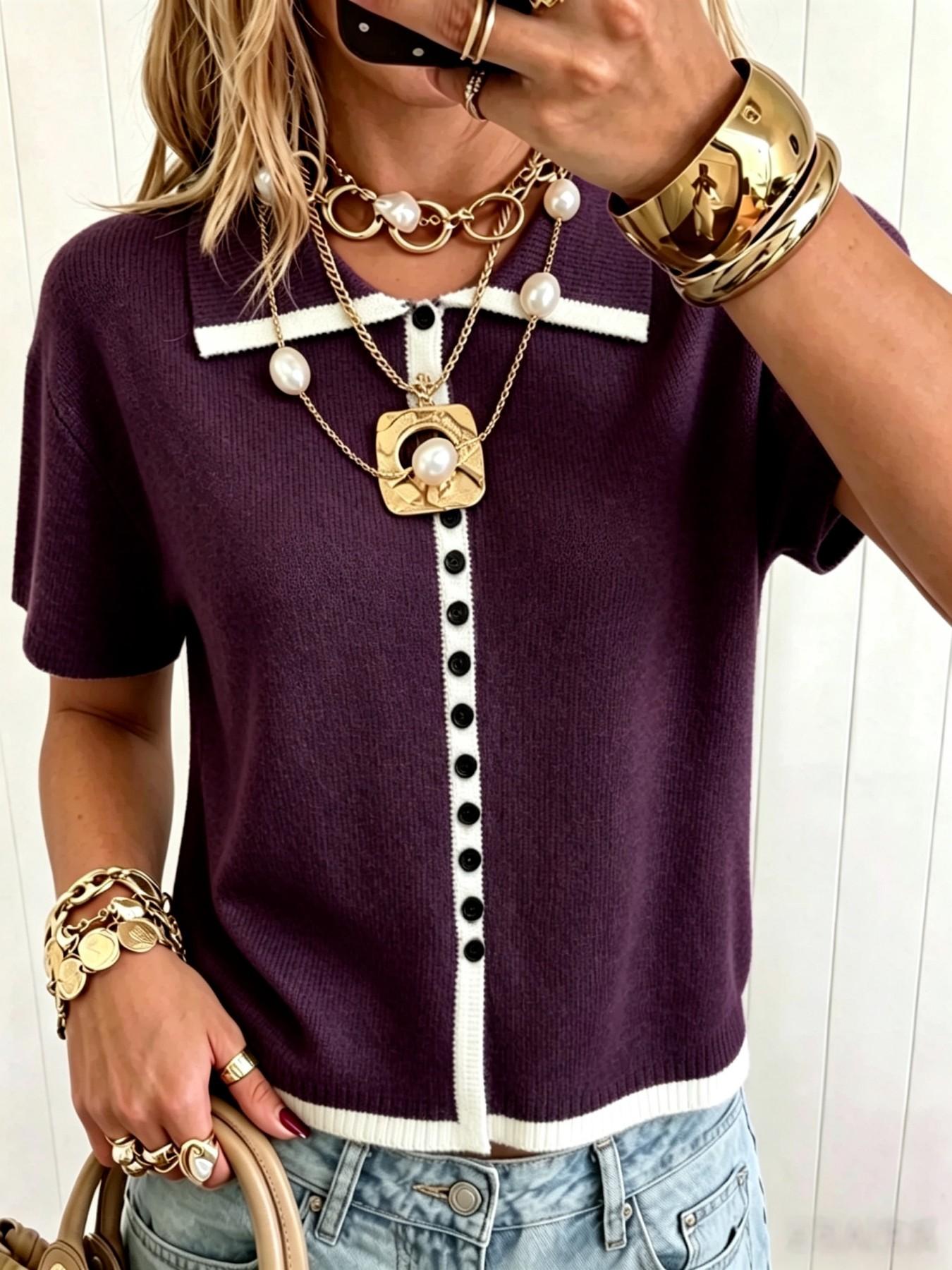 Elegant Polo Neck Button Front Pullover, Casual Colorblock Short Sleeve Top, Loose Fit Fall Fashion Women's Sweater