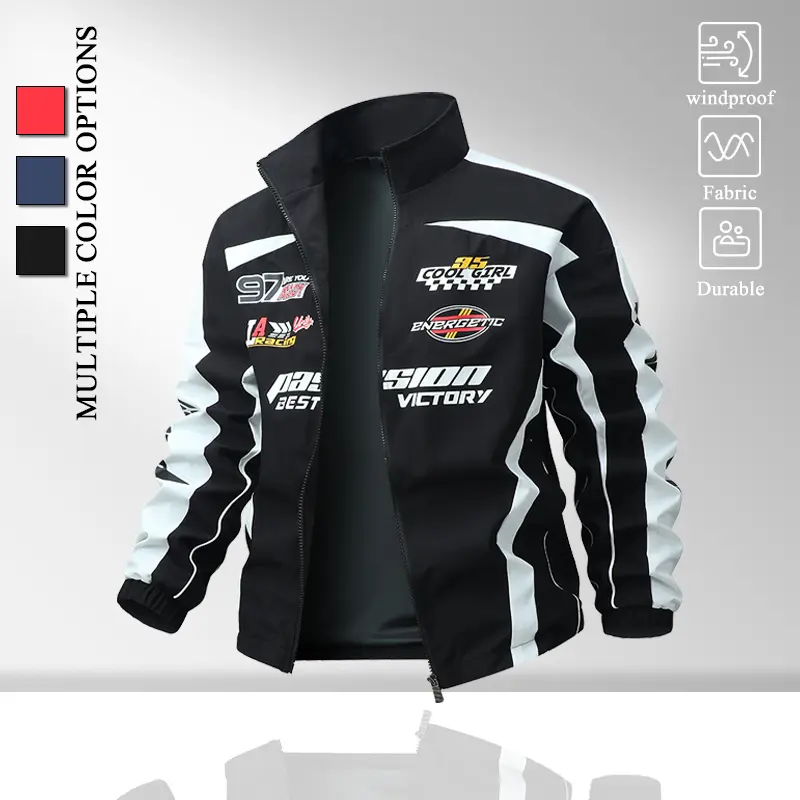 Men Racing Style Stand Collar Jacket, Full Zip Front, Red White Black Color Block Striped Panels, Multiple Racing Number & Letter Graphic Prints, Elastic Cuffs, Windproof Casual Street Outer Coat