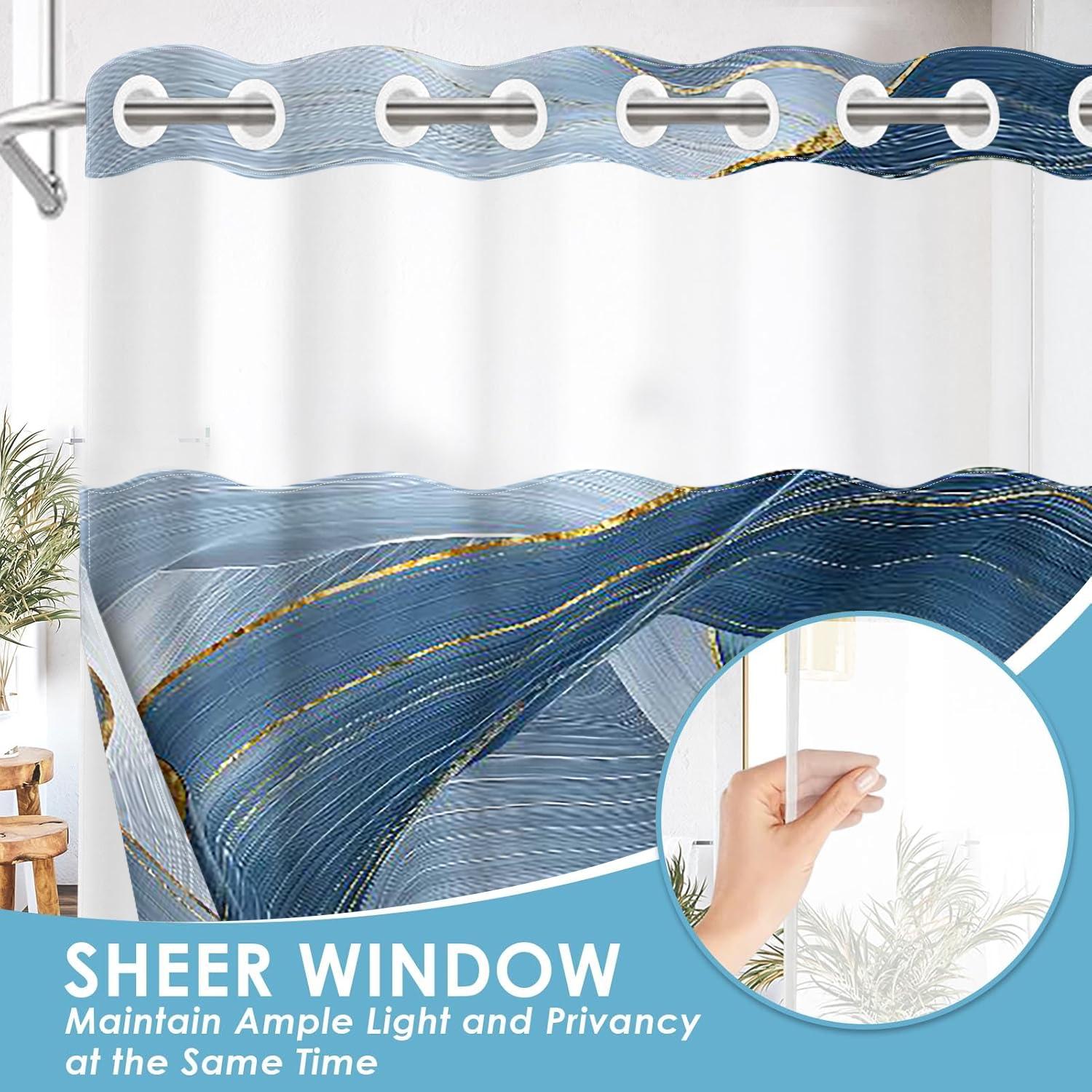 1PC double-layer large ring shower curtain, blue wavy line interwoven pattern, shower curtain, high-end quick drying hanging curtain, bathroom, curtain, waterproof, mildew proof curtain