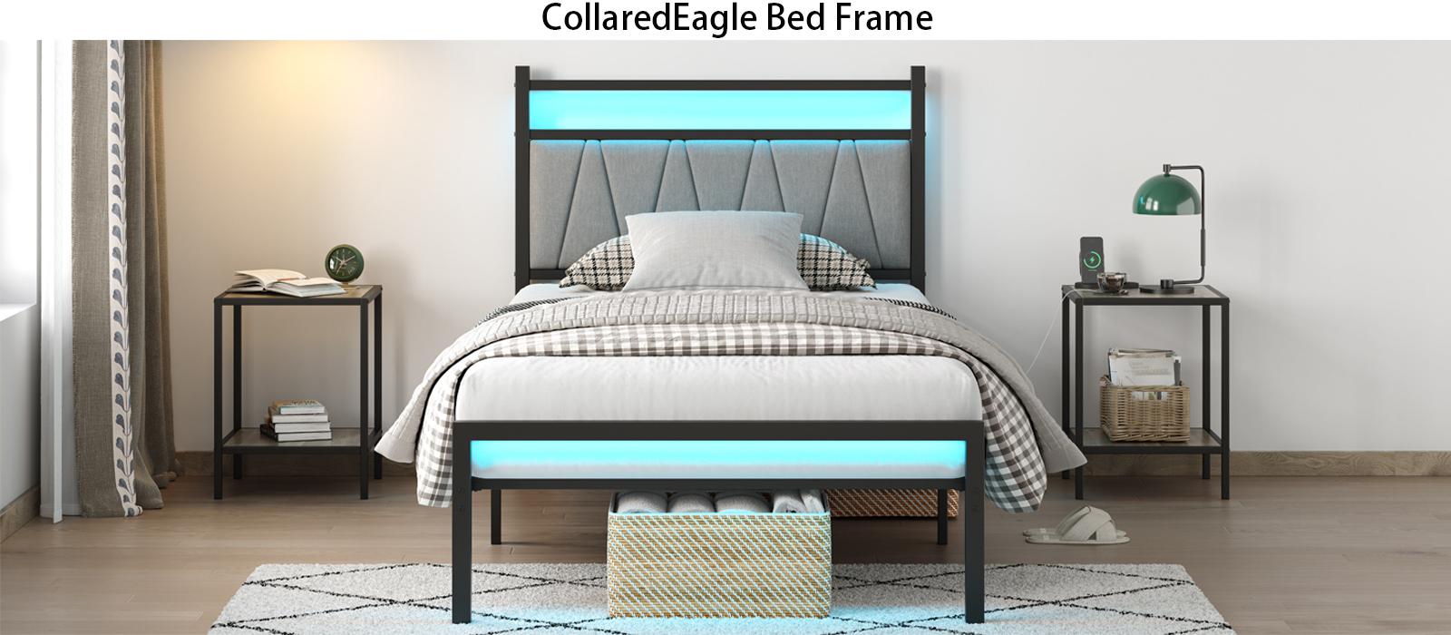 CollaredEagle Twin/Full Size Bed Frame with Charging Station, Metal Platform Bed Frame with Fabric Upholstered Headboard, No Box SpriLarge Underng Needed,  Bed Storage, Non-Slip Black/White. Bedroom Bedframe Bedroom Furniture