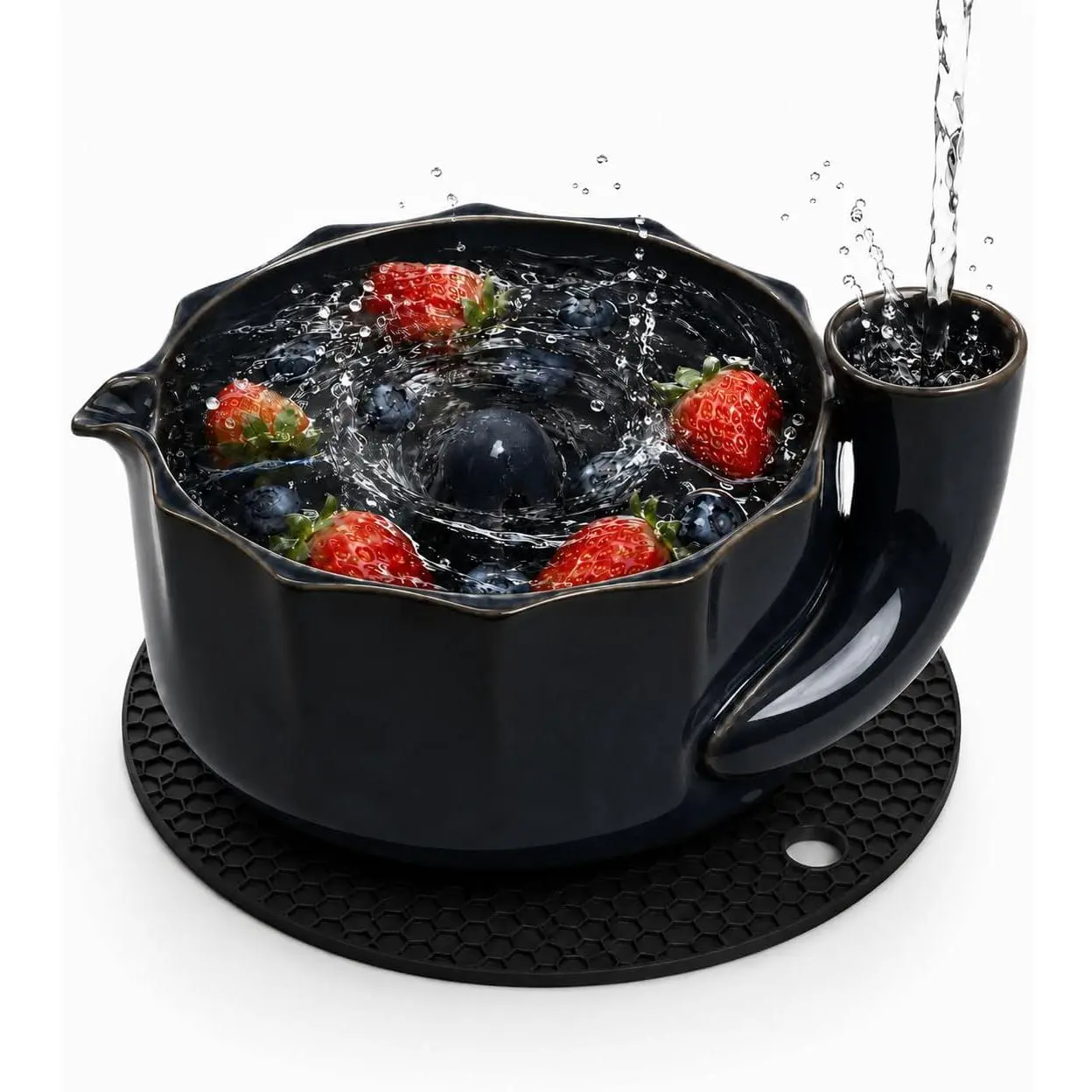 Glazed Ceramic Berry Bowl with Drain Holes - Self-Spinning Fruit Washing Colander for Strawberries & Grapes, Raised Center Produce Rinser