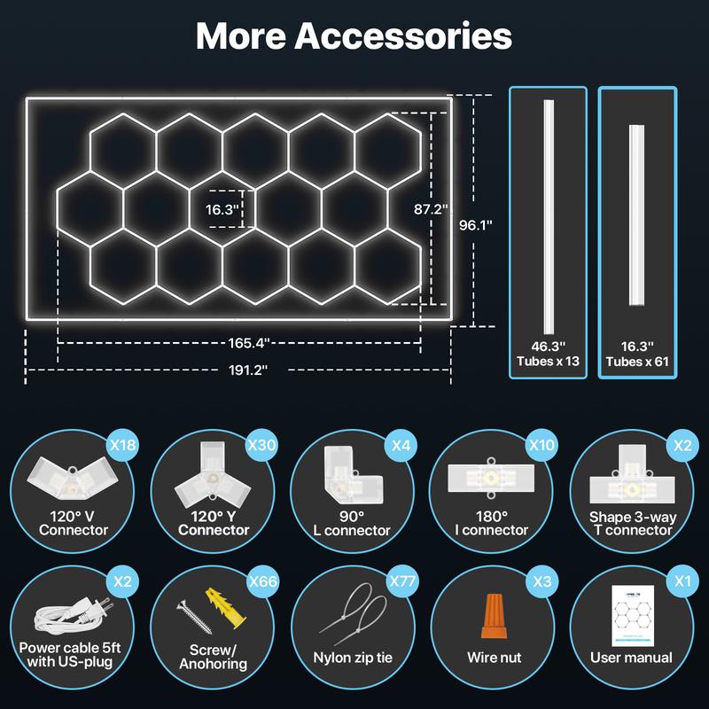 HYPERLITE 624W Hexagon LED Light ，Garage Light – Ultra-Bright Honeycomb Ceiling Lighting, 62,400LM Flicker-Free Daylight, DIY Plug-In Installation for Garage, Workshop, Basement, Car Detailing & Showrooms，Jumpstart newyear