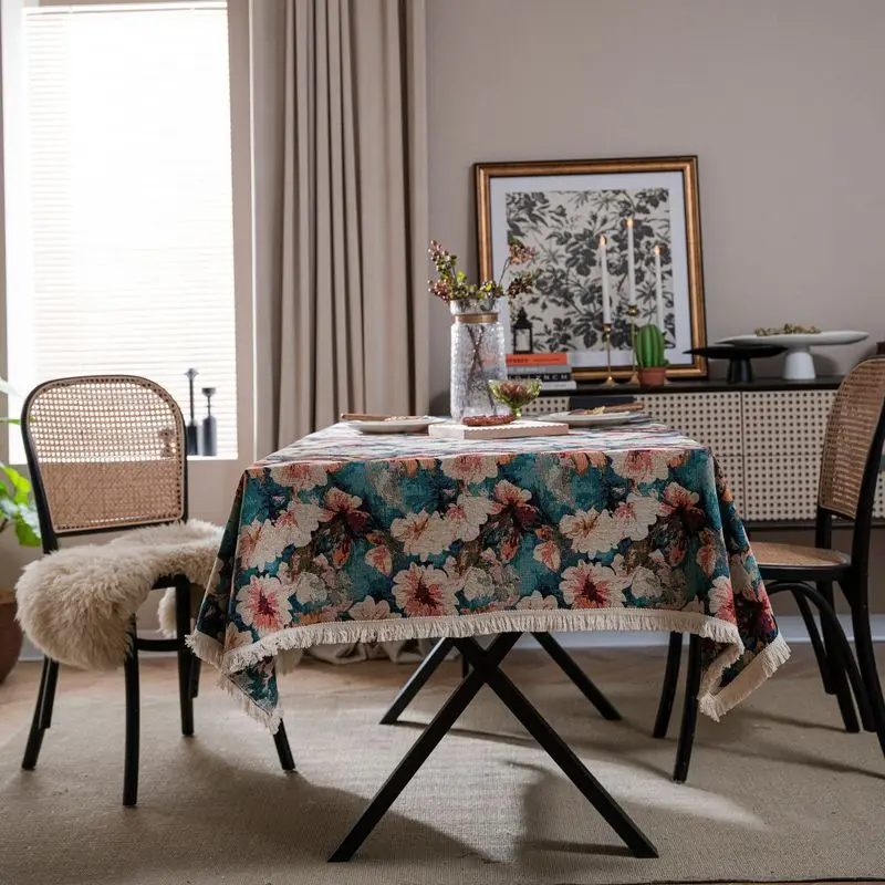 American-style tablecloth with floral jacquard pattern, thick tablecloth, Dining