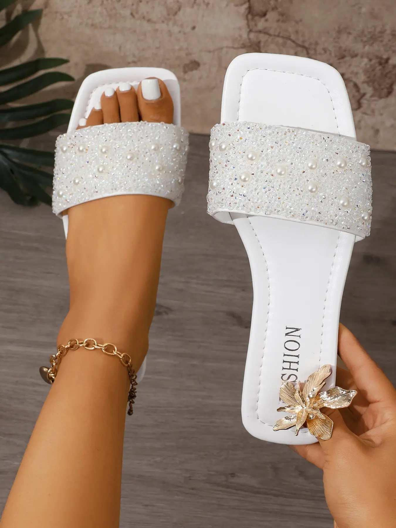 Pearl Rhinestone Sandals, Elegant PU Leather, Wide Strap, Comfortable Soft Insole, Slip-On Design, Perfect for Beach, Evening, Shopping
