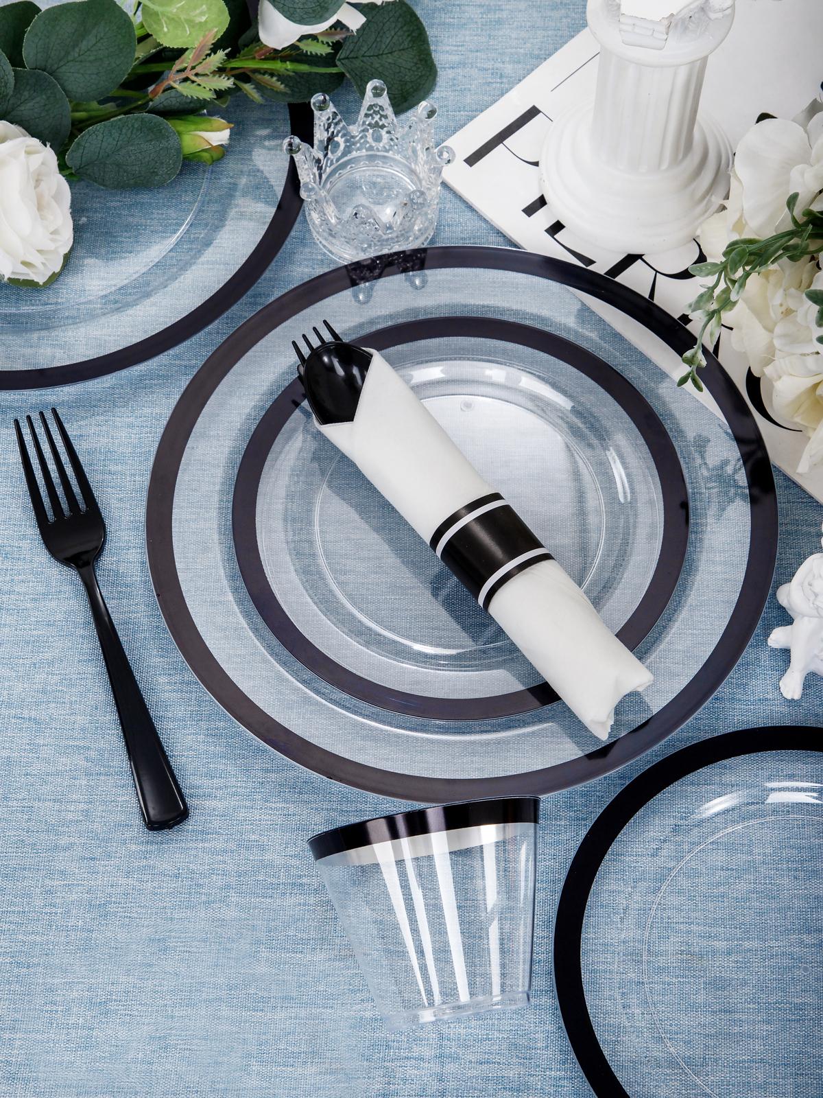 Gold/Silver/Green/Red/Black/Blue/RoseDisposable Plates and Silverware Set: Dinner Plates,Dessert Plates, Cups,Napkins,Knife, forks, spoons-Perfect for Party