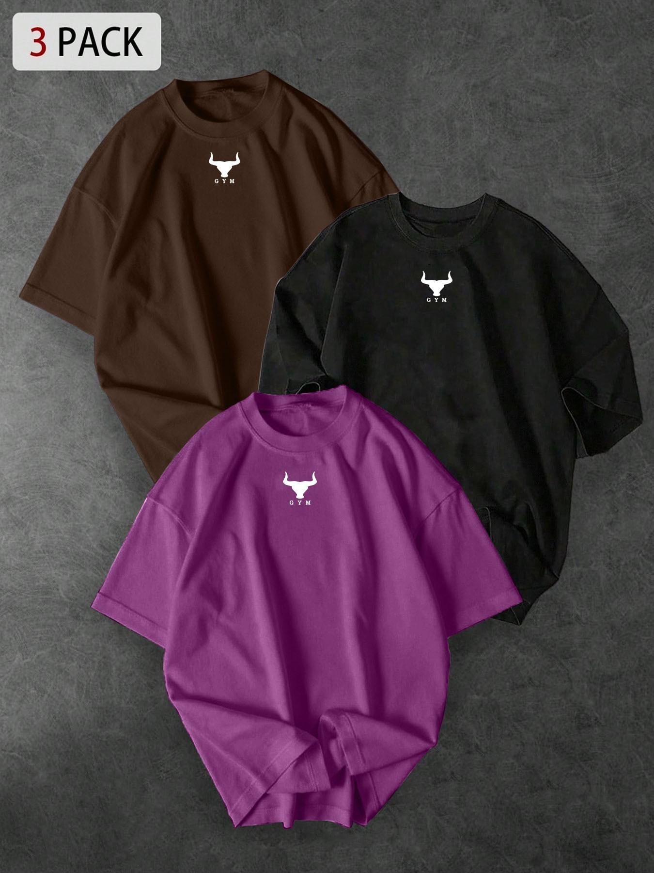 3-Pack Unisex Oversized T-Shirts with Small Dumbbell Chest Print, Minimalist Streetwear for Gym Enthusiasts and Casual Everyday Wear