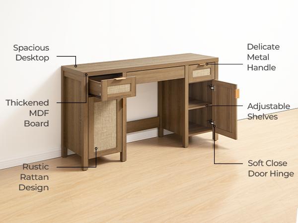 SICOTAS Rattan Vanity Home Office Desk - 52" Large Farmhouse Boho Makeup Vanity Dressing Table with 3 Drawers & 2 Storage Cabinets, Vanities Desk for Makeup Room, Home Office, Natural Oak SICOTAS Rattan Vanity Home Office Desk - 52" Large Farmhouse Boho Makeup Vanity Dressing Table with 3 Drawers & 2 Storage Cabinets, Vanities Desk for Makeup Room, Home Office, Natural Oak