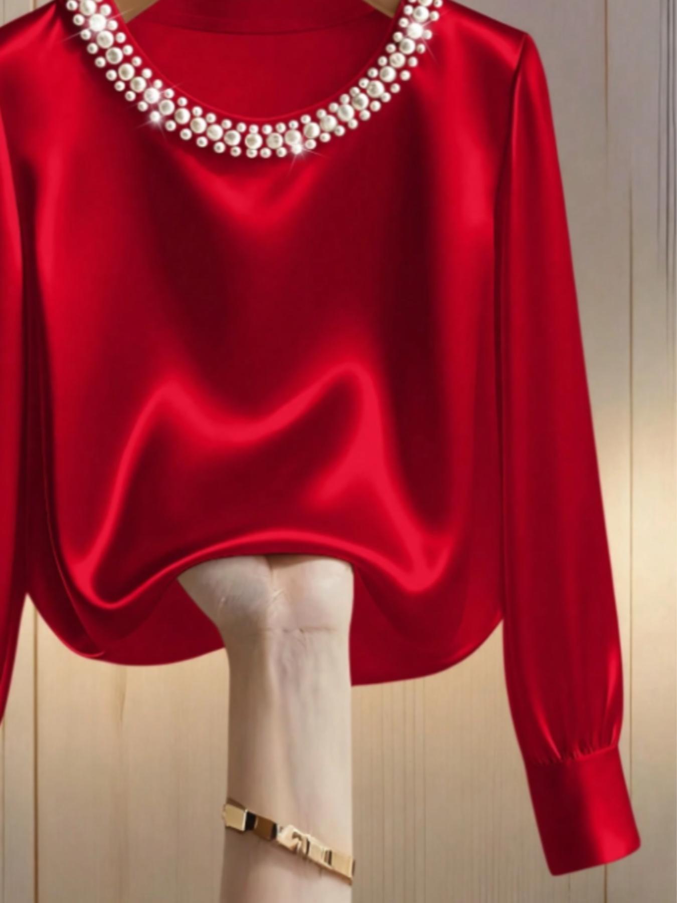 Women's Fashion Elegant Pearl Round Neck Plain Long Sleeve Simple T-Shirt Top, Casual Stylish Women's Clothing