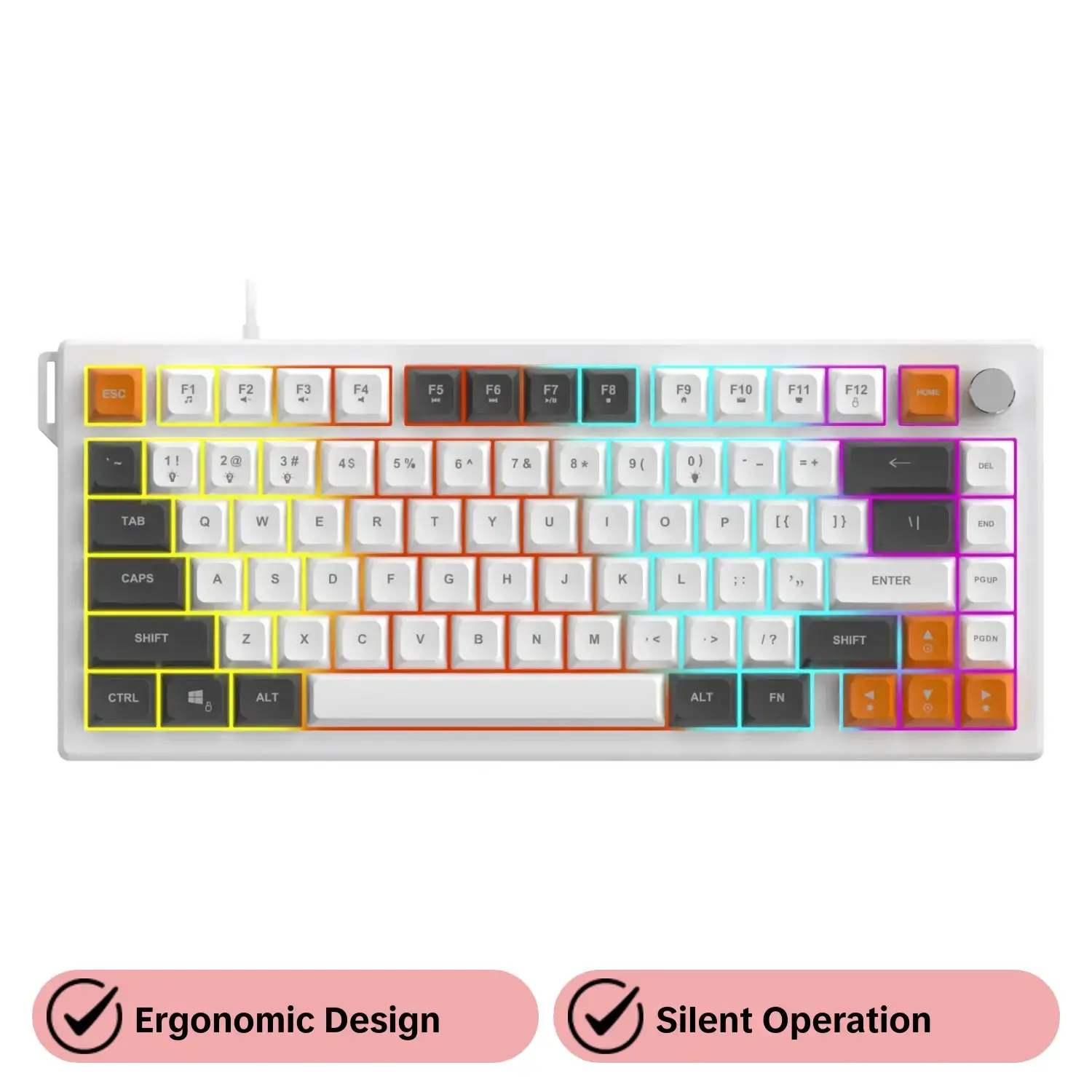 AJAZZ AF82 75% Layout Wired Gaming Membrane Keyboard Mute Key Multi functional Volume Adjustment Knob 82 Key Ergonomic Design Computer Office Membrane Keyboard Supports Multiple Systems Suitable for Esports Games and Office Gaming Pc Accessories