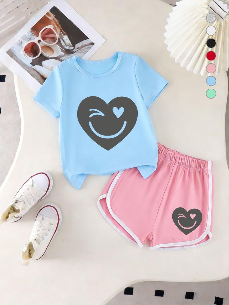 Summer Girls Casual Sports Short Sleeve Set with Eye-Catching Heart Smile Print, Loose Fit Shorts for Ages 2-7, Perfect for School & Weekend Outings Summer Girls Casual Sports Short Sleeve Set with Eye-Catching Heart Smile Print, Loose Fit Shorts for Ages 2-7, Perfect for School & Weekend Outings