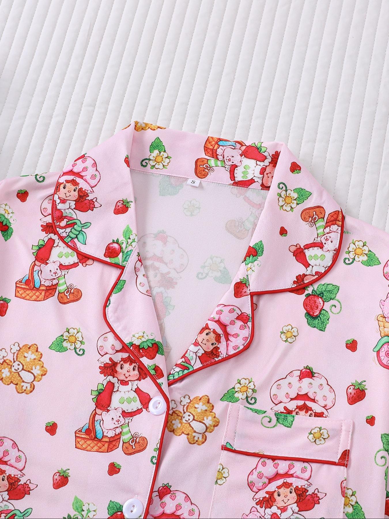 Women's Strawberry Pattern Print Sleepwear Set, Long-Sleeve Button-Up Top & Elastic-Waist Pants, Casual Fall Winter Pajamas, Comfortable Home Wear