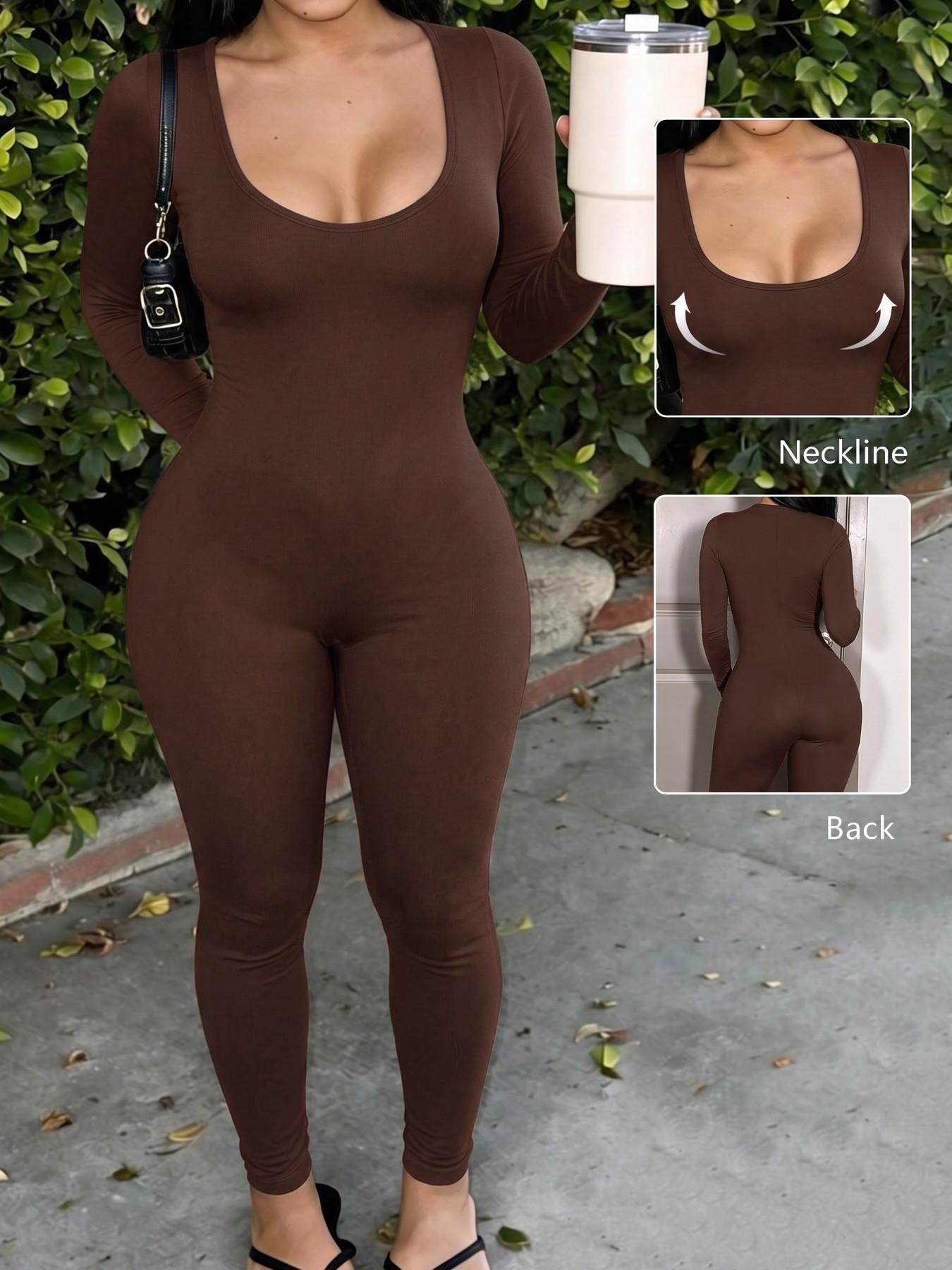 Body Shaping Black U Neck Long Sleeve Jumpsuit, Stretch Knit Wrap Figure Lines, Deep U Neck Modify Upper Body, Slim Long Leg Pants Extend Proportion, Curvy & Petite Friendly Design, Daily Walking Outfit, Party Styling, Simple All-Black Slimming One-Piece