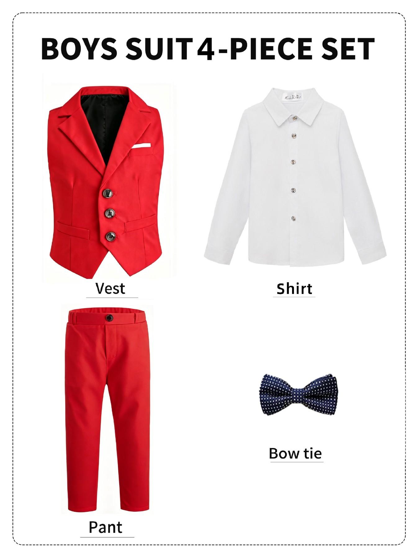 Boys' Elegant 4-Piece Formal Suit (Shirt + Lapel Vest + Elastic Waist Trousers + Striped Tie) 5 Colors Available, Sizes 100-150cm, Slim Fit for Weddings, Parties & Performances