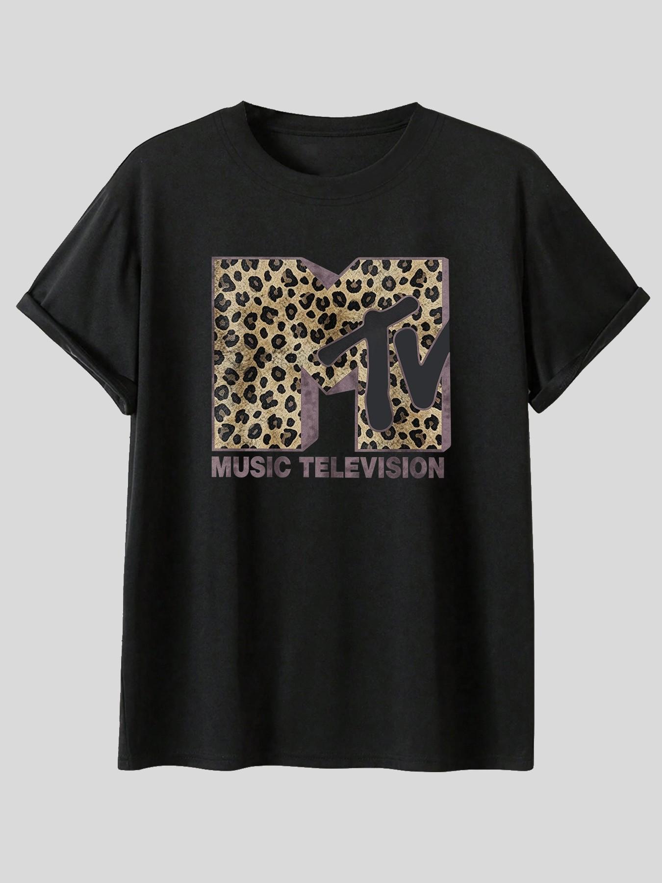 Mtv Leopard Print Logo Music Television Short Sleeve T-Shirt, Summer American Retro Casual Top, Loose-Fitting Geometric Pattern