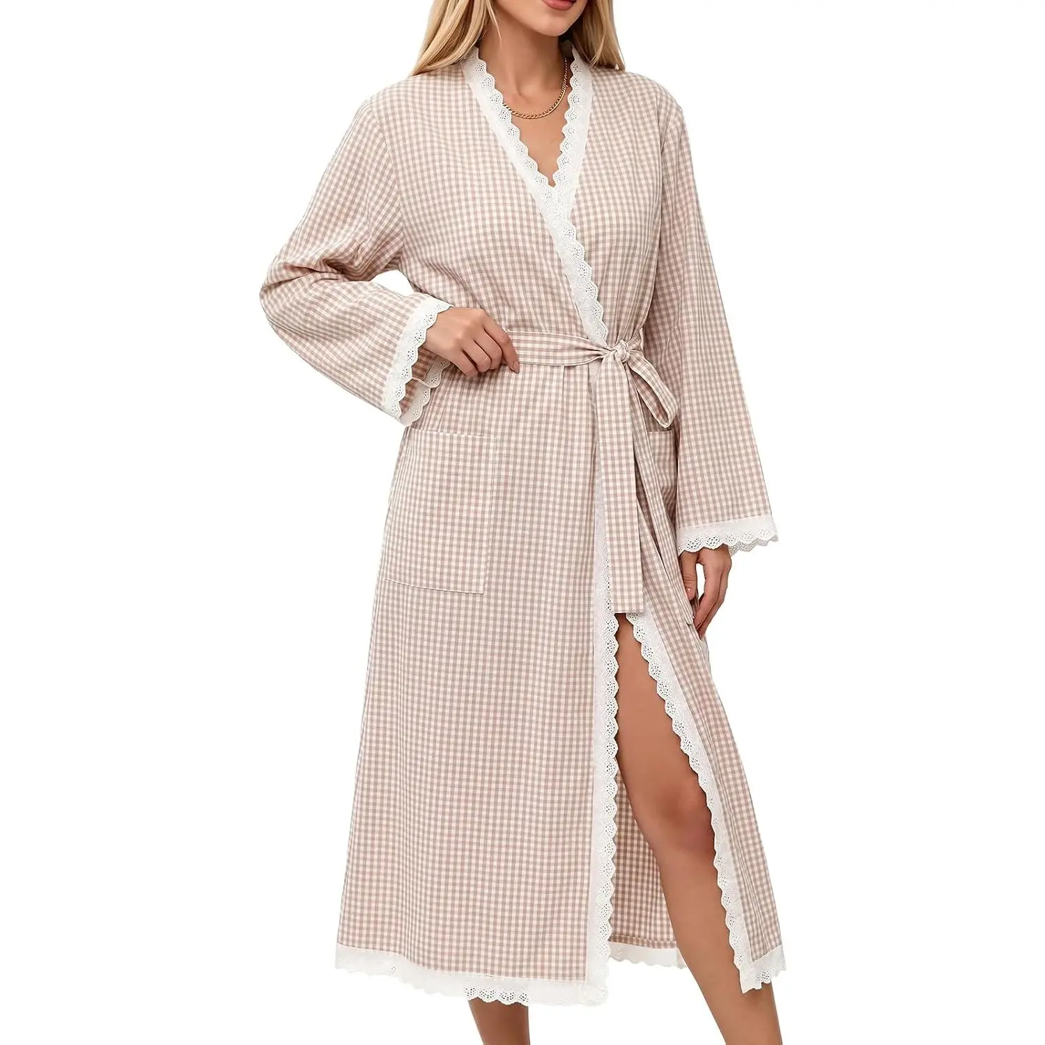Wyeysyt Women's Cotton Plaid Bathrobe, Oversized Full-Length Gingham Lace Trim Robe with V-Neck, Long Sleeves, Belt, Pockets, Lightweight Machine Washable Housecoat