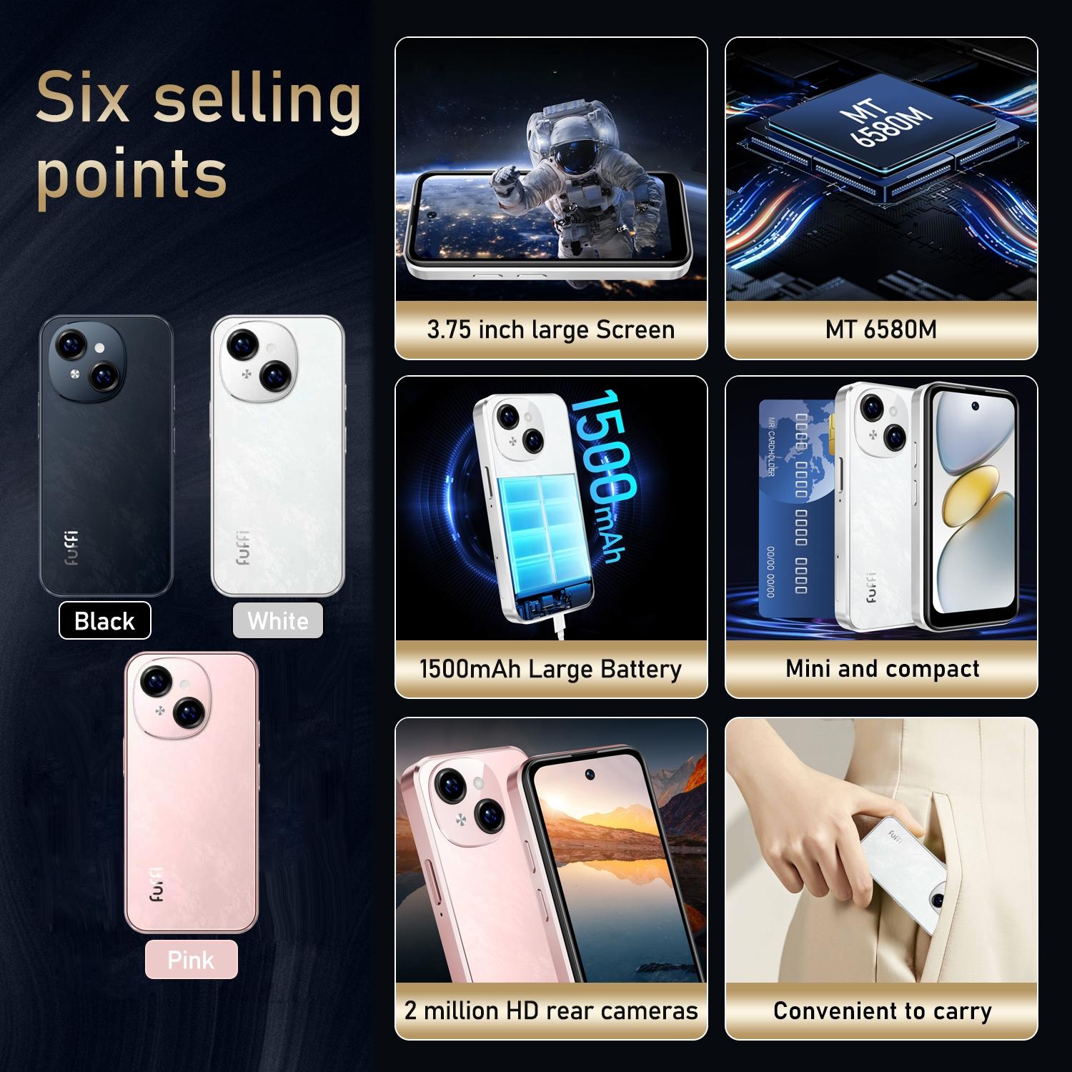 FUFFI-Mini Smartphone, 3.75 Inch Screen, 2+16GB Storage, 3g Network, Dual Sim, Android 8.1, Fashionable Phone, New Model, Cellphone