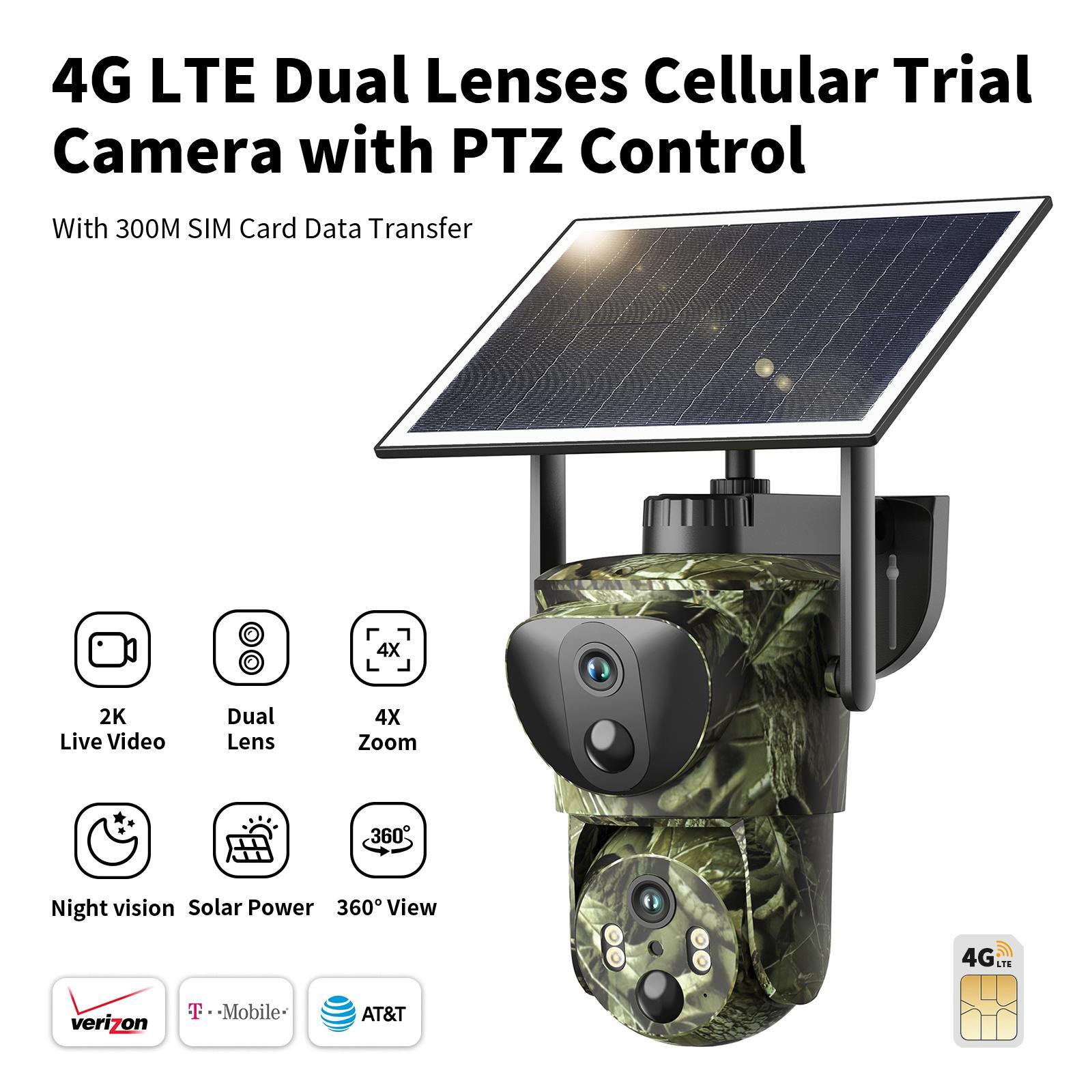 [Live Only] 2 Pack Dual Lens Linkage 4G LTE Cellular Trail Cameras-Solar Powered Surveillance, 360° Pan Tilt,2K Live View, No WiFi, Cellular Data Replenishment Required