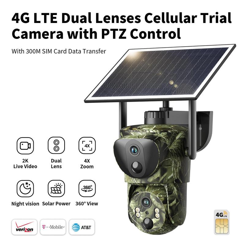 [Live Only] 2 Pack Dual Lens Linkage 4G LTE Cellular Trail Cameras-Solar Powered Surveillance, 360° Pan Tilt,2K Live View, No WiFi, Cellular Data Replenishment Required