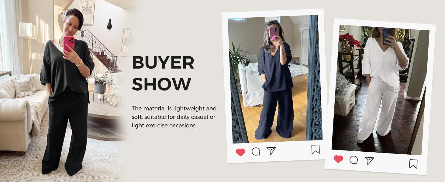 Fisoew Womens 2 Piece Outfits Casual V Neck Shirts Wide Leg Running Long Pants Loose Workout Tracksuit Sets