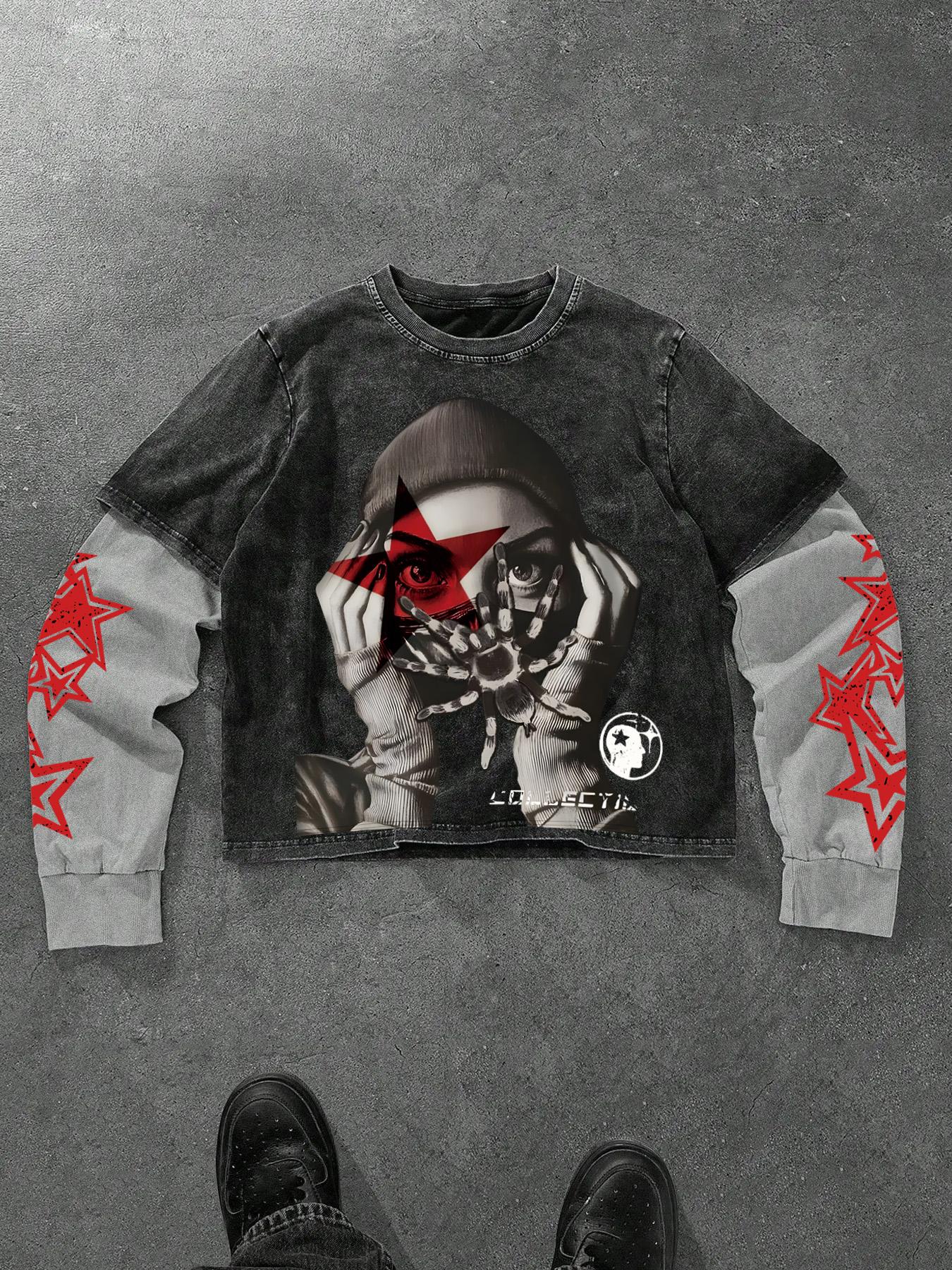 Men's Washed Cotton Mock Two-Piece Round Neck Long Sleeve Fitted Tee, with Star Print Design, a Casual and Trendy All-season Wardrobe Essential