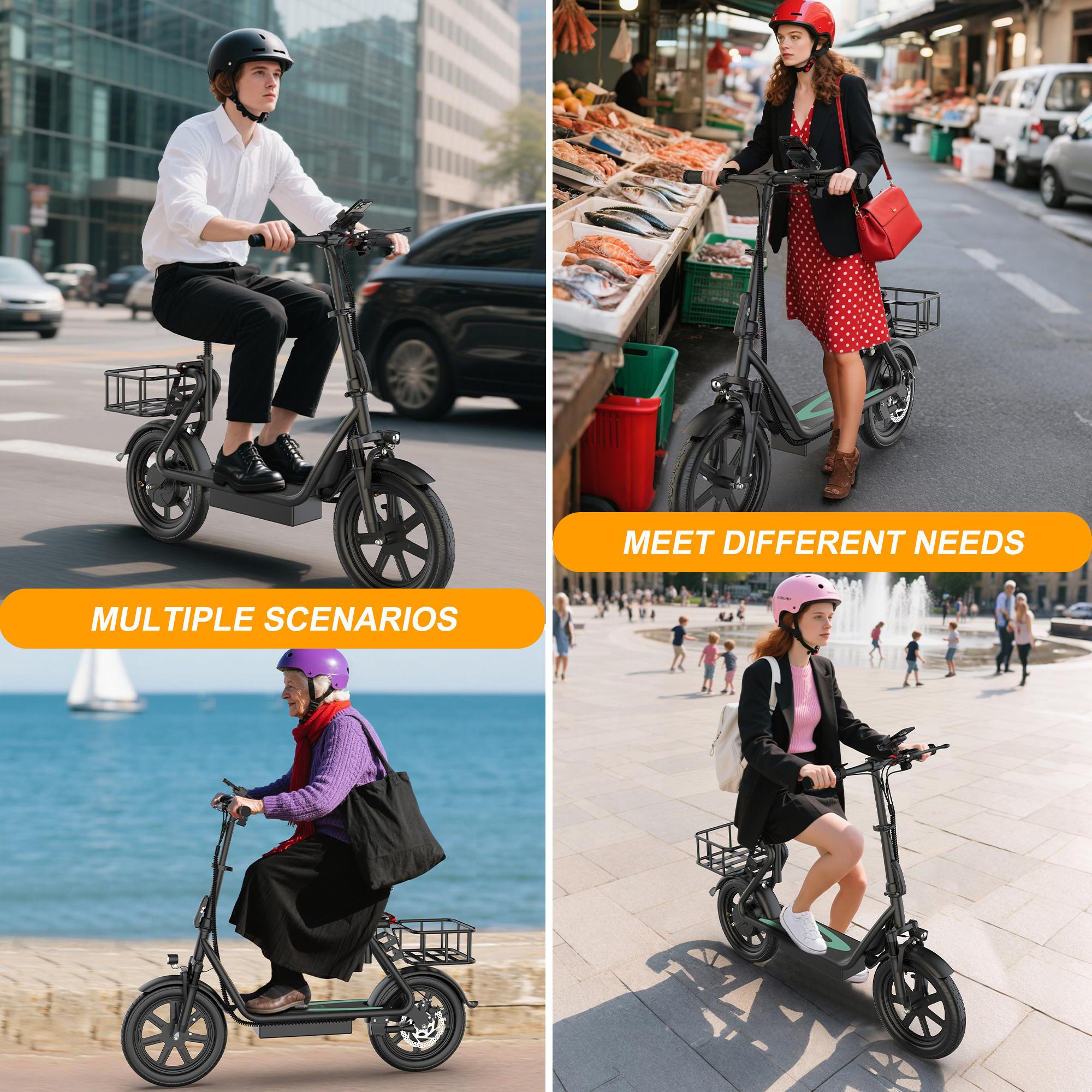Electric Scooter with Seat & Basket, Powerful Electric Bike, 750W peak motor Max 22MPH & 28Miles 42V/10.4Ah Rechargeable Battery