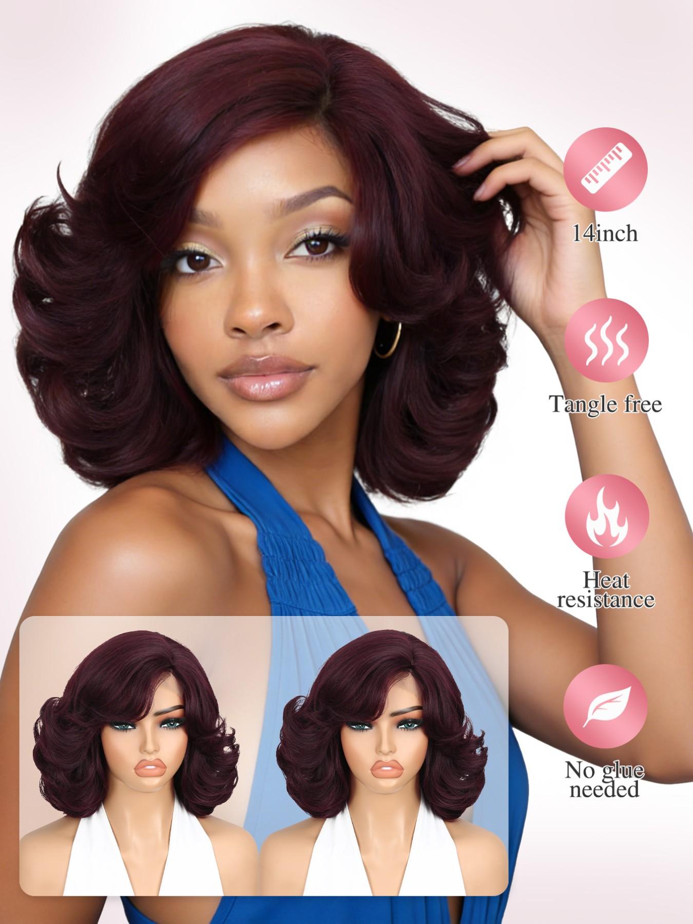 Short Curly Bob Wig with Bangs Layered Yaki Wavy Synthetic Heat Resistant Curly Bob Wig with Bangs, Yaki Wavy Short Shoulder Length  main image 2