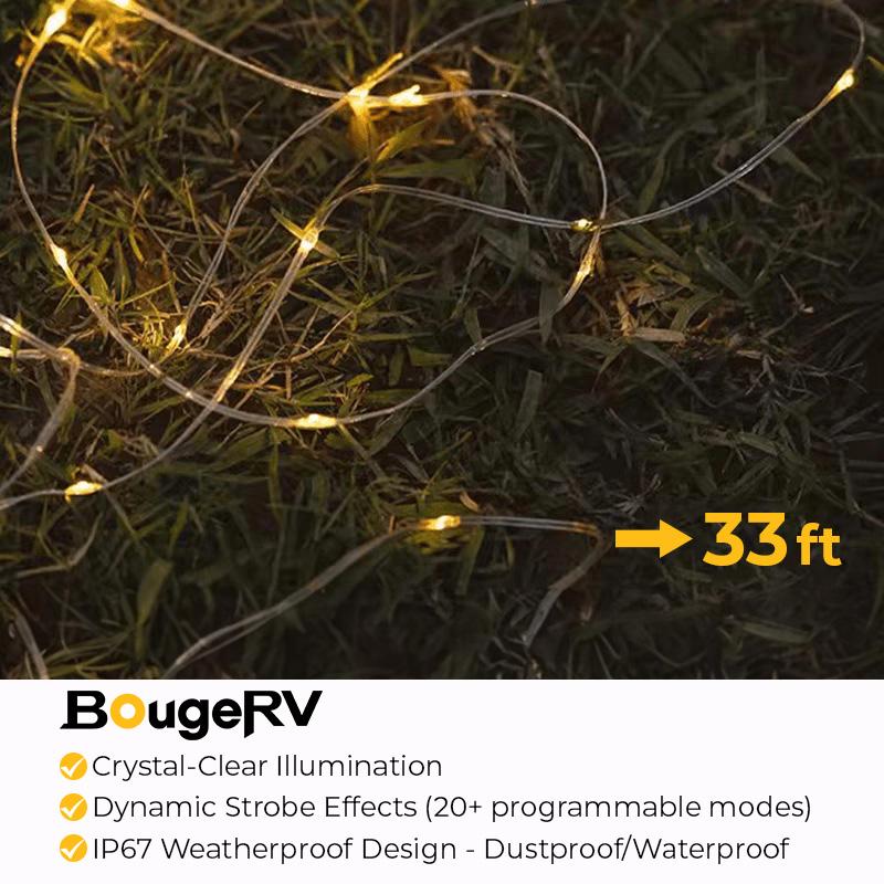 BougeRV Camping String Lights 2025, 3 in 1 Quick Storage 33FT Rechargeable Retractable String Lights with 3 Lighting Modes, Waterproof Emergency Light Outdoor Led Bulbs