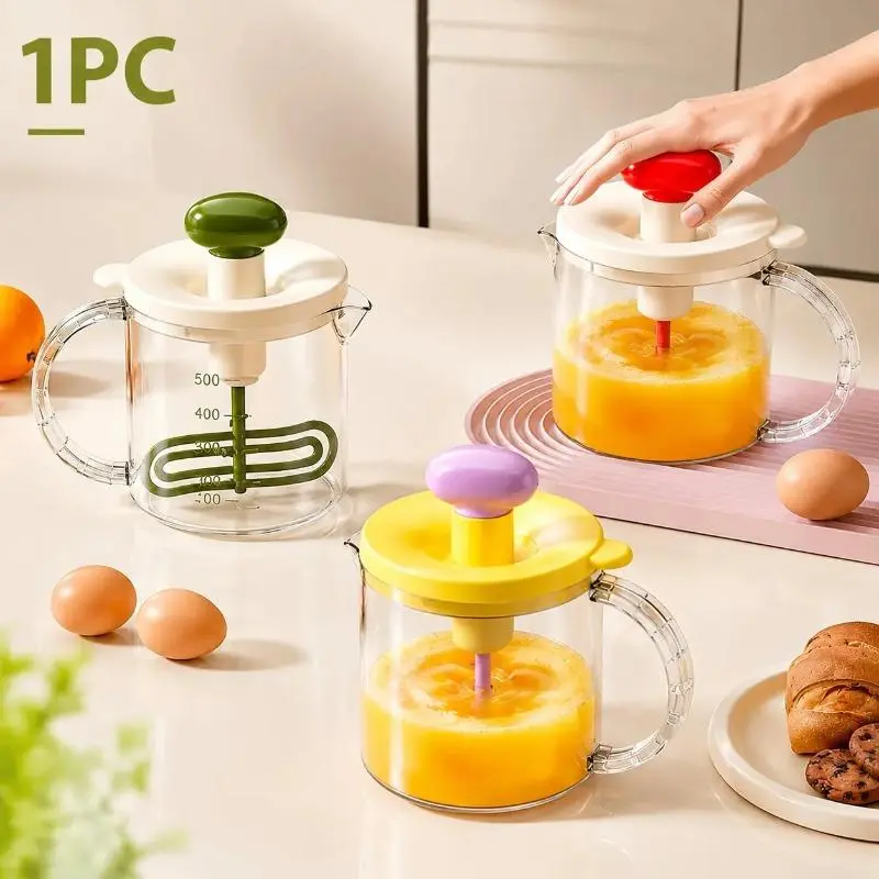1Pc Multi-Functional Press Egg Beater Cup Built-in Scale Filter Spout Handheld Whisk Cream Mixer Large Capacity Transparent Baking Mixing Cup Practical Kitchen Baking Gadget