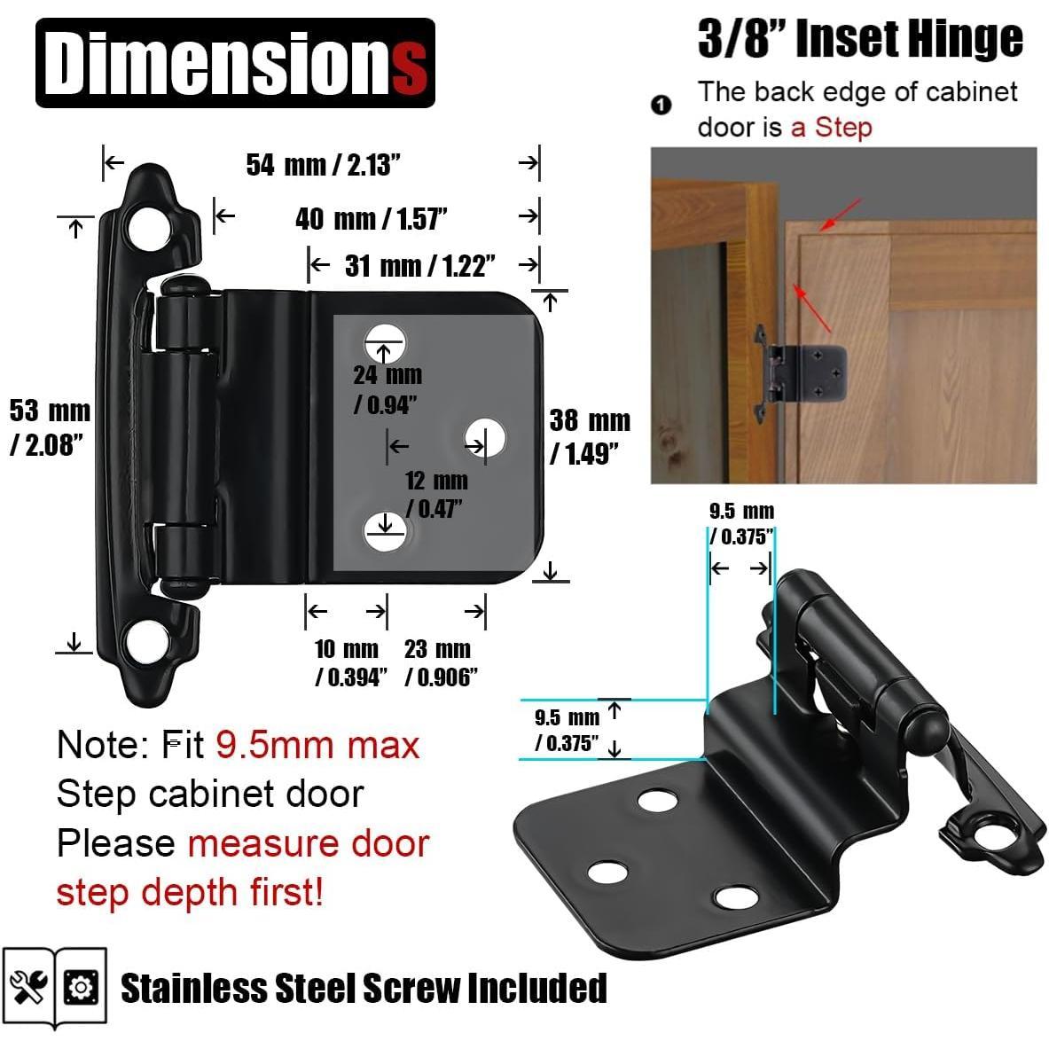 3/8 Inch Inset Cabinet Door Hinges Satin Nickel, 10 Pack 5 Pairs Flush  Mount Cupboard Self-Closing Kitchen Cabinet Hardware Hinges with Door Bumper, CH201-SN-P10