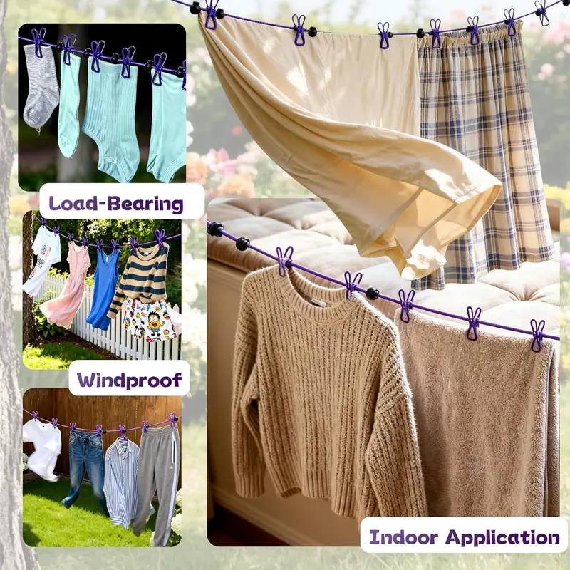 Stainless Steel Foldable Portable Travel Clothesline - 1.8m (5.9ft) Retractable Nylon Rope, 12 Adjustable Clips, Slip-Resistant Windproof Compact Fold Laundry Tool for Camping, Clothes Drying, Home Laundry Room Accessories