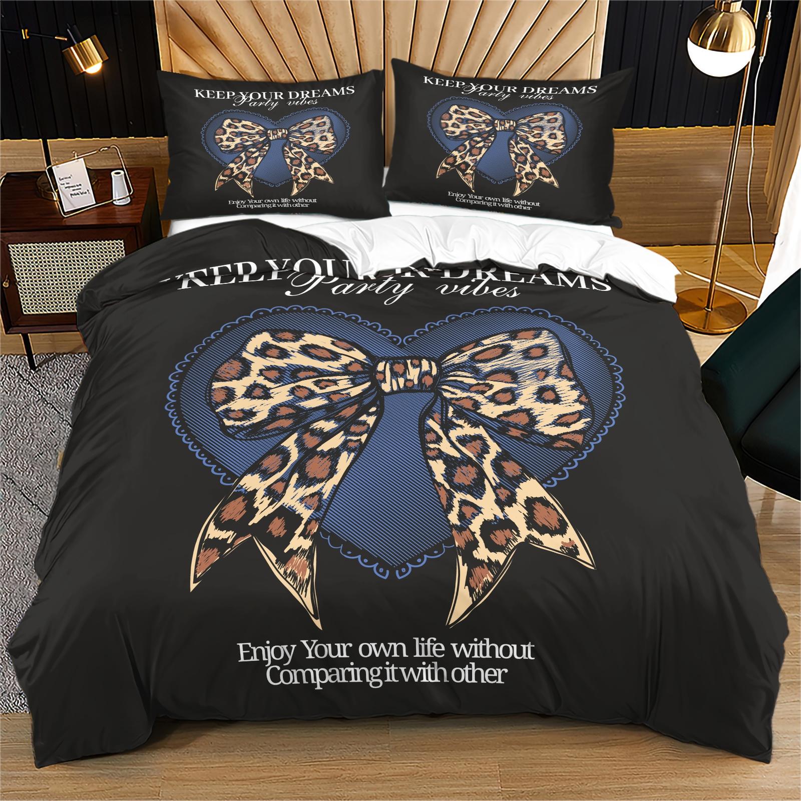 Leopard bow pattern duvet cover set, soft and durable bedding set, contains 1 duvet cover and 1 or 2 pillowcases, daily holiday birthday gift bedroom decoration for children and adults