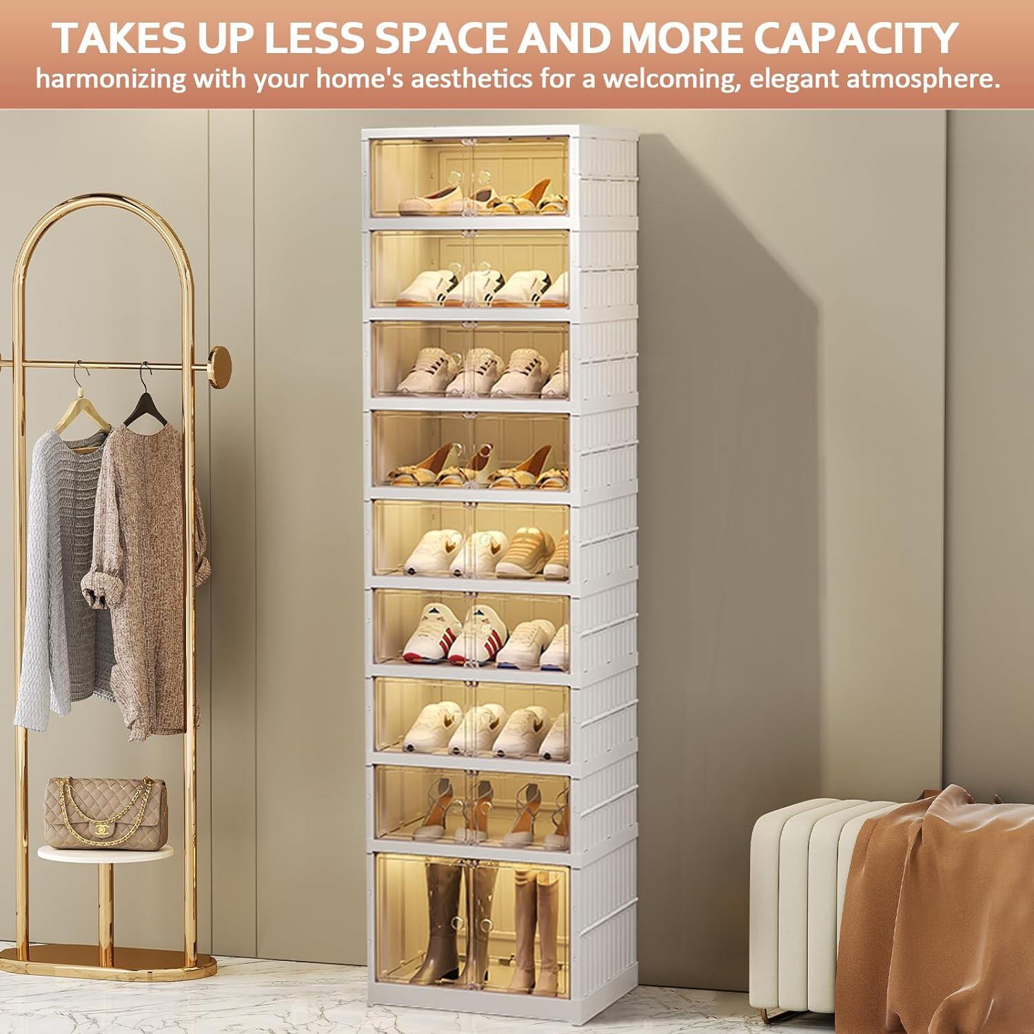 1/2Pcs 9/18 Tier foldable shoe cabinet,Can store 18 pairs of shoes,Plastic Collapsible Shoes Storage Box Clear Shoe Boxes Stackable with Door Shoe Cabinet Bins with Lids Large Organiser Racks shoe rack organizer men room accessories shoe cabinet storage