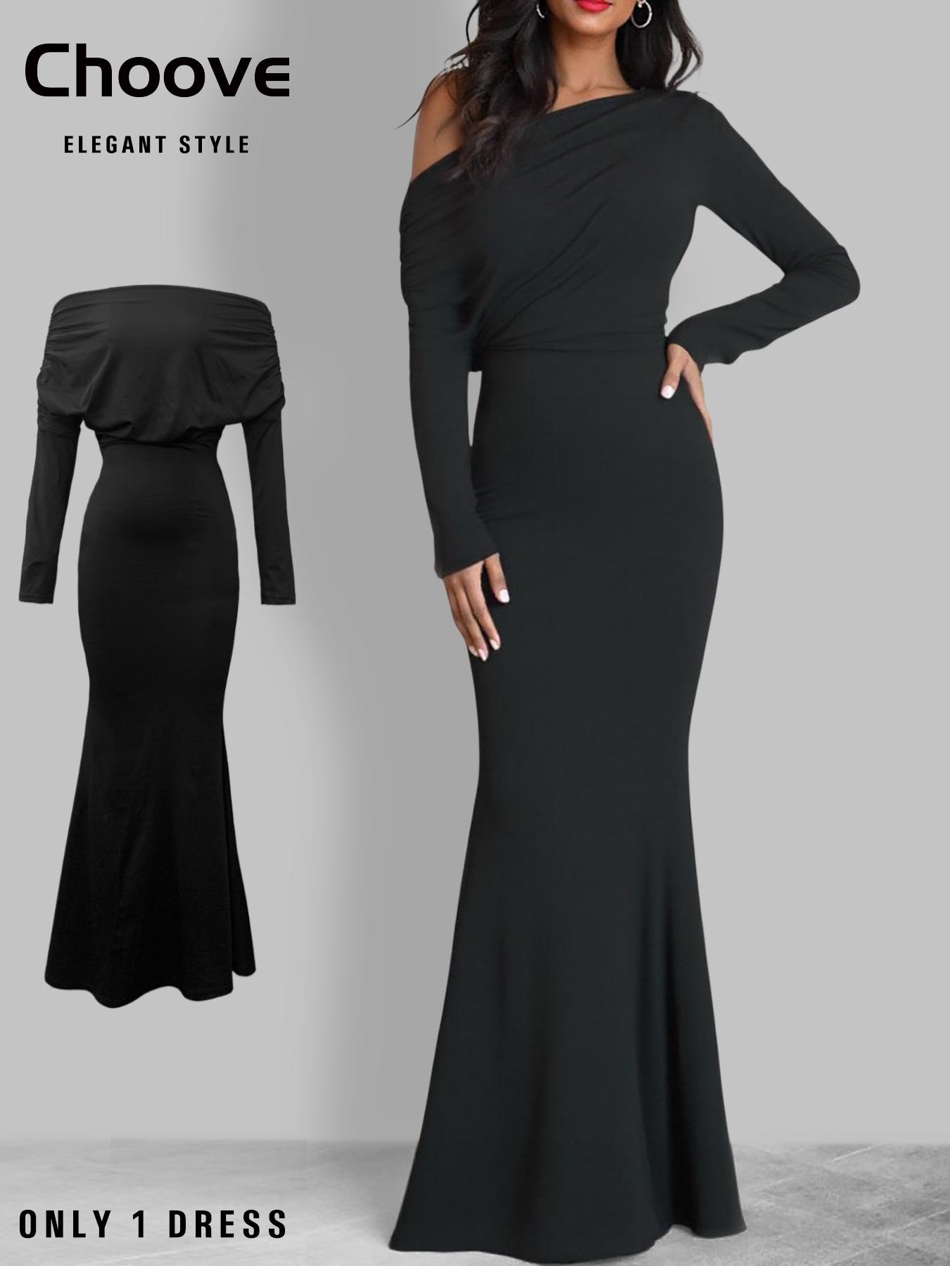 Elegant Women's Chic Asymmetrical Neck Long Dress, One Shoulder Design, Floor-Length Evening Gown, Perfect for Special Occasions, Elegant Party Dress