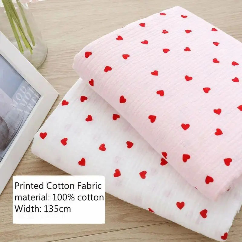 Soft Heart Print Cotton Sewing Fabric Crepe Double Layer Gauze Cloth Valentine's Day Diy Towel Material YHW300530