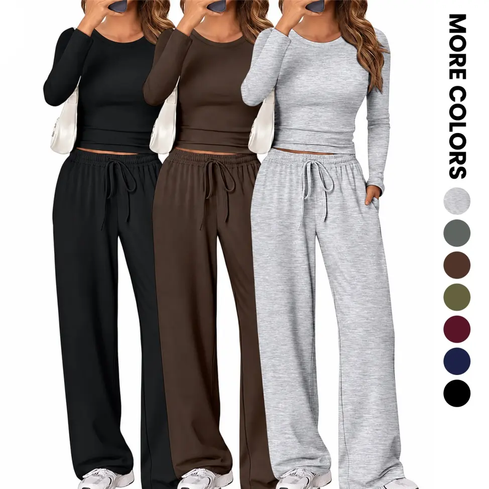 Women’s Two-Piece Casual Lounge Set, Solid Color Crew Neck Fitted Long Sleeve Crop Top And Drawstring Wide-Leg Pants, Soft Stretchy Matching Yoga Outfit For Fall Winter, Travel And Daily Wear