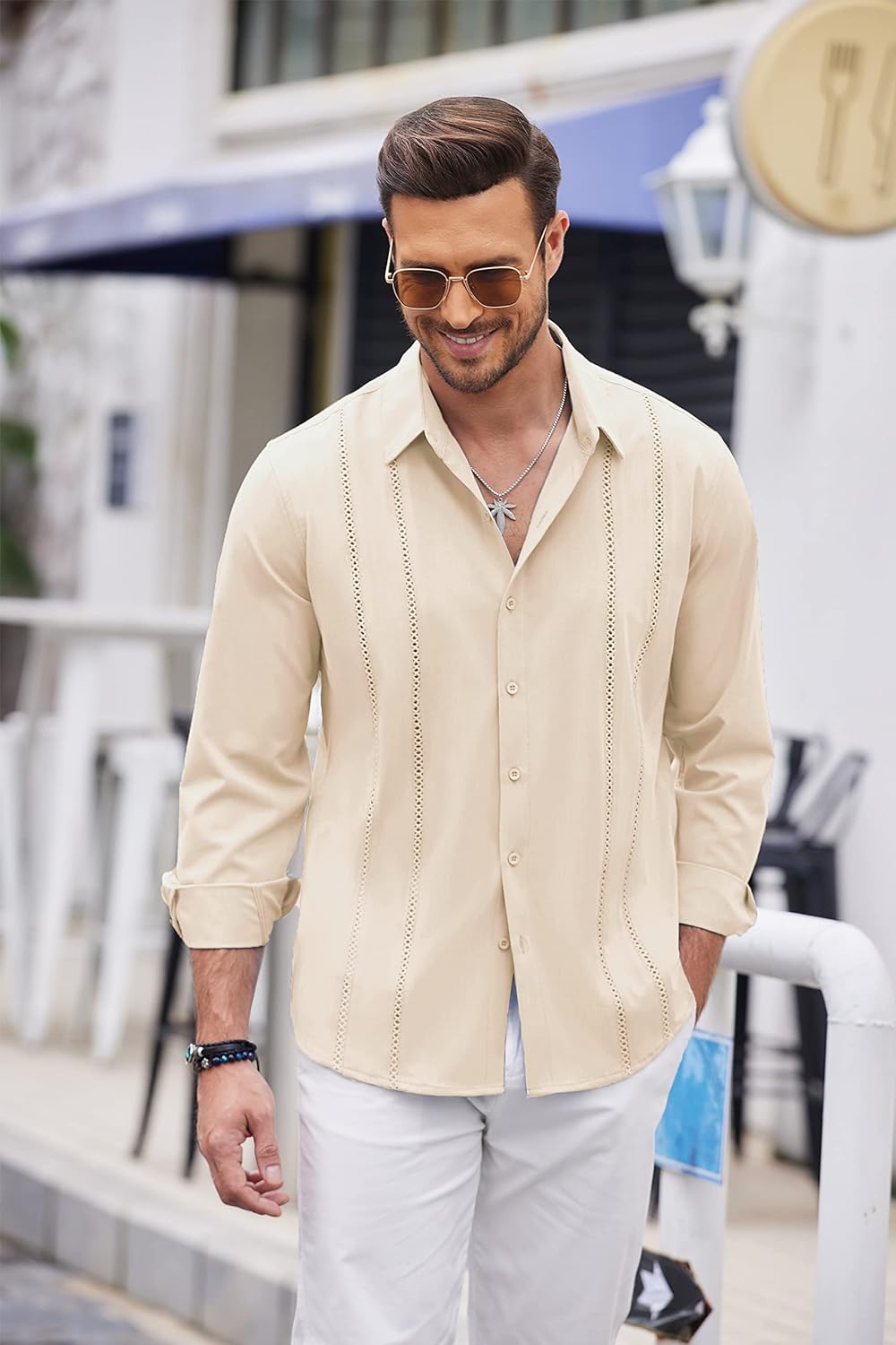 coofandy Men's Cuba Guayabera Exquisite Hollow Embroidered Button Front Shirt, Long sleeved Summer Beach Shirt Casual Regular Fit Long sleeved Collar Top, Elegant and Comfortable Men's Top, Suitable for Home, Date, and Dinner