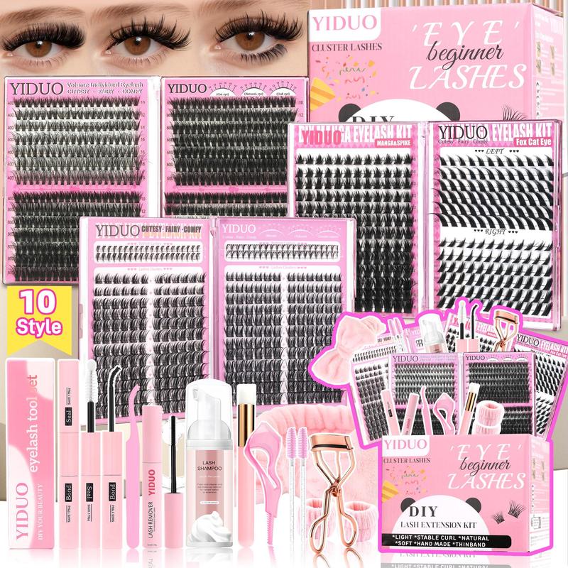 10 Style Mix Kit Manga Volume Spiky 40D/60D/80D/100D with Bottom Eyelash Extensions Kit D Curl Wispy 5-18mm Individual DIY lashes Clusters Kit with lash Bond and Seal, remover, lash curler, lash care products DIY Eyelashes Kit #TOP PICKS