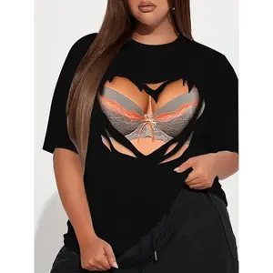 Women's Plus Size Sexy Geometric Chest Print Casual T-Shirt - Breathable Round Neck Short Sleeve Summer Top, Machine Washable Sportswear for Gym & Casual Attire, Bold Graphic Tee | Nontransparent Fabric, Ladies T Shirts fathersdaygiftideas