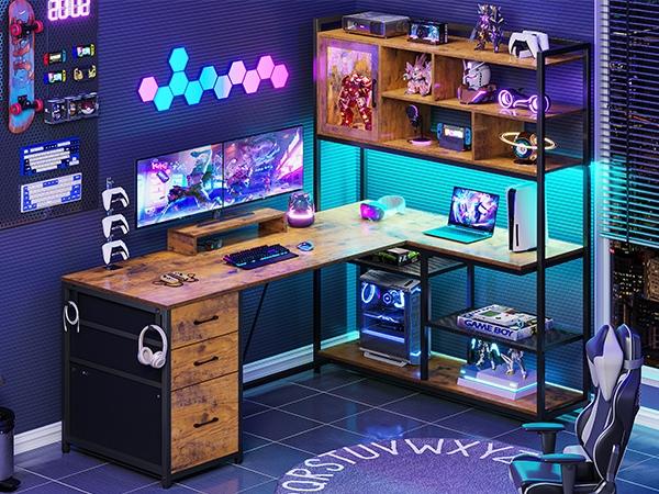 SEDETA 58-Inch L-Shaped Computer Desk with Storage, LED L-Shaped Gaming Desk with Storagefor Home Office Furniture Gaming