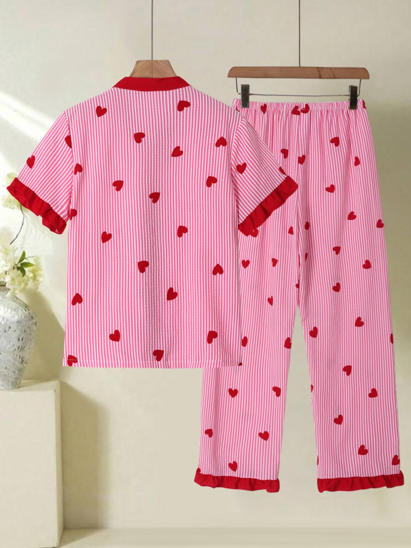 Women's Cute Pajama Sleepwear Set, Heart Pattern V Neck Button Short Sleeve Top & Pants, Lightweight Polyester Loungewear Homewear