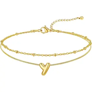 FOCALOOK Initial Anklet Bracelet for Women, 14K Gold Plated Anklets Layer Letter Ankle Chain Non Tarnish, 8.5"+2" Adjustable Large Ankle Summer Beach Foot Jewelry