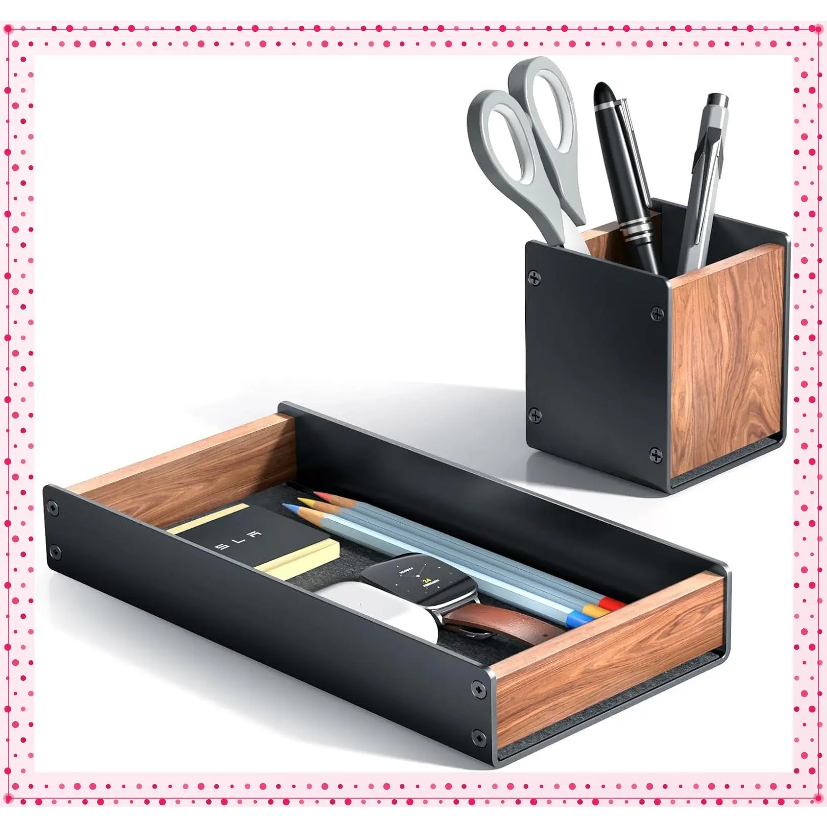 Solid Walnut Desk Organizer Tray with Aluminum Accent | Pen and Pencil Holder Set for Office Decor, Aesthetic Desk Accessories for MenGift