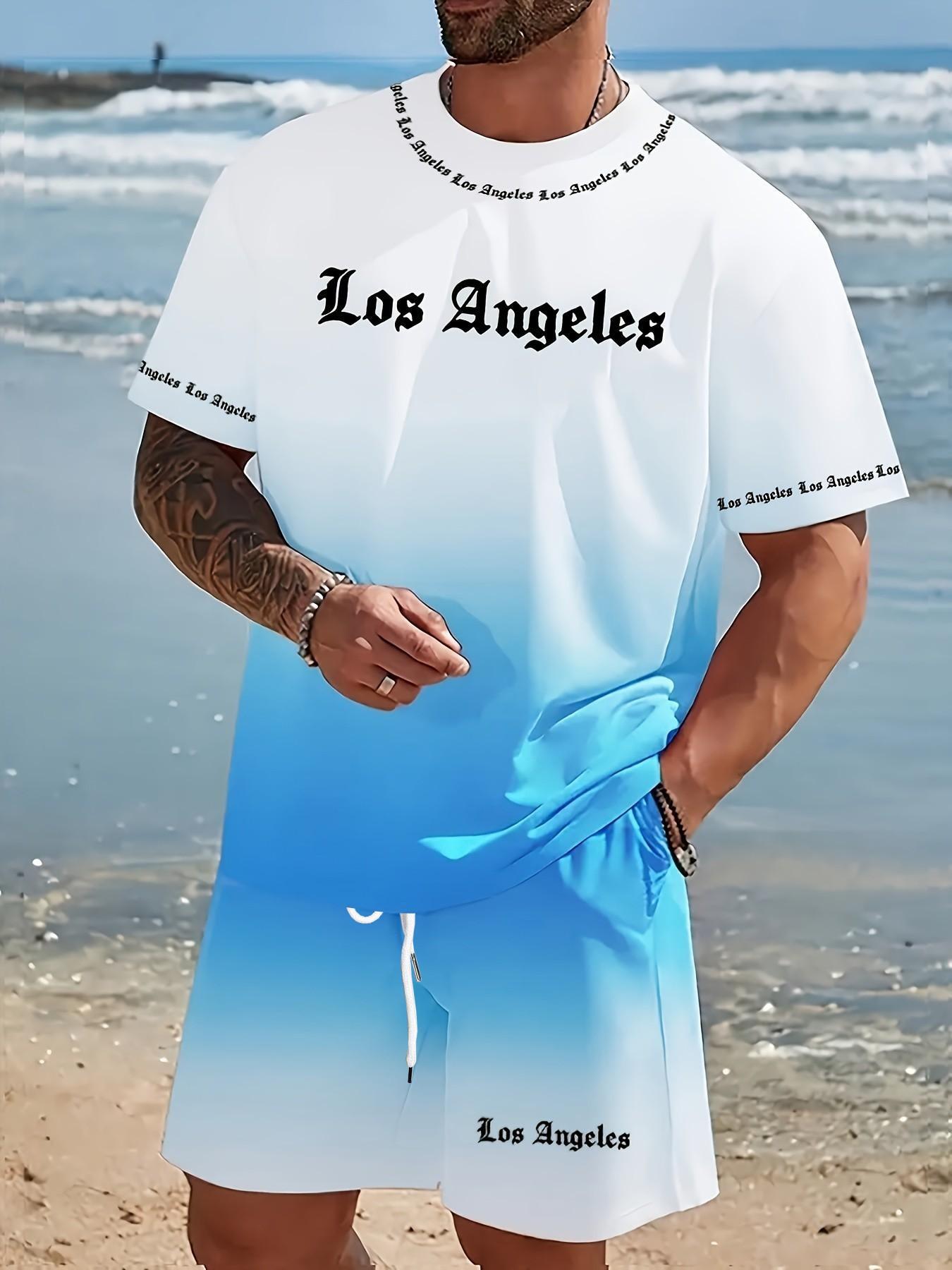Men's Summer Set, Round Neck Short Sleeve T-Shirt + Elastic Waist Shorts, Los Angeles Print Gradient, Breathable Fabric, Outdoor & Party Wear