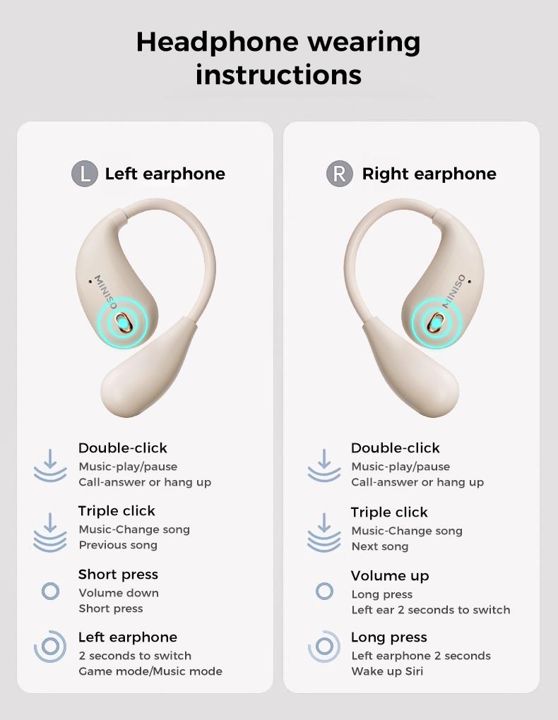 MINISO Open Ear Headphones, Bluetooth 5.4 Earphones Stereo Sound, Wireless Headphones 48 Hours Playback, Type-C Charging, HD Clear Calls, Touch Control, IPX5 Waterproof Open Ear Earbuds