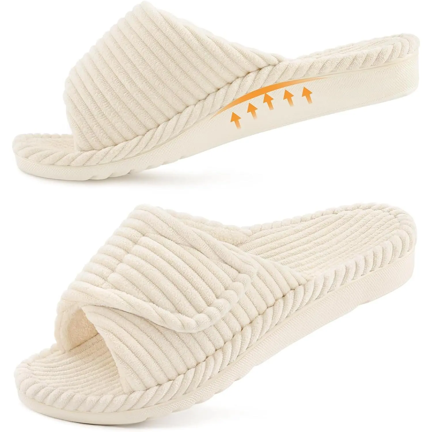 Women's Orthopedic Arch Support Slippers with Adjustable Memory Foam, Open Toe Corduroy House Shoes for Plantar Fasciitis, Indoor Bedroom ShoesGift