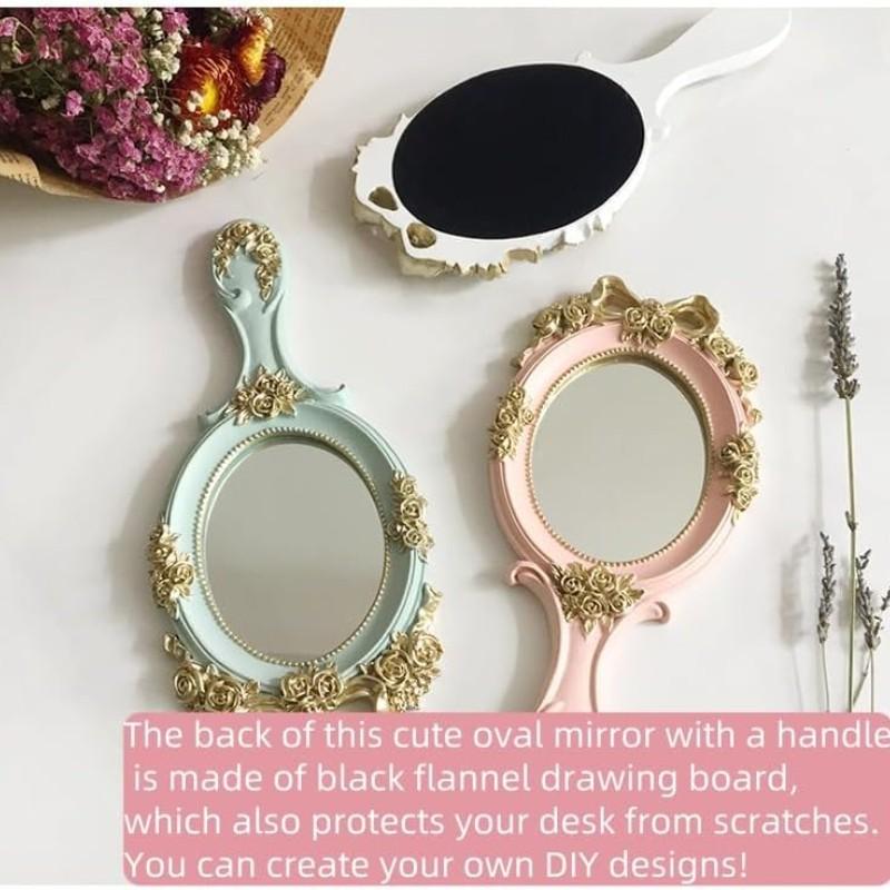 Portable Handheld Makeup Mirror, Travel Princess Style Metal Beauty Mirror, Oval Rose Embossed, Desktop Decor, Vintage Handle, Photo Props, 3-Piece Set