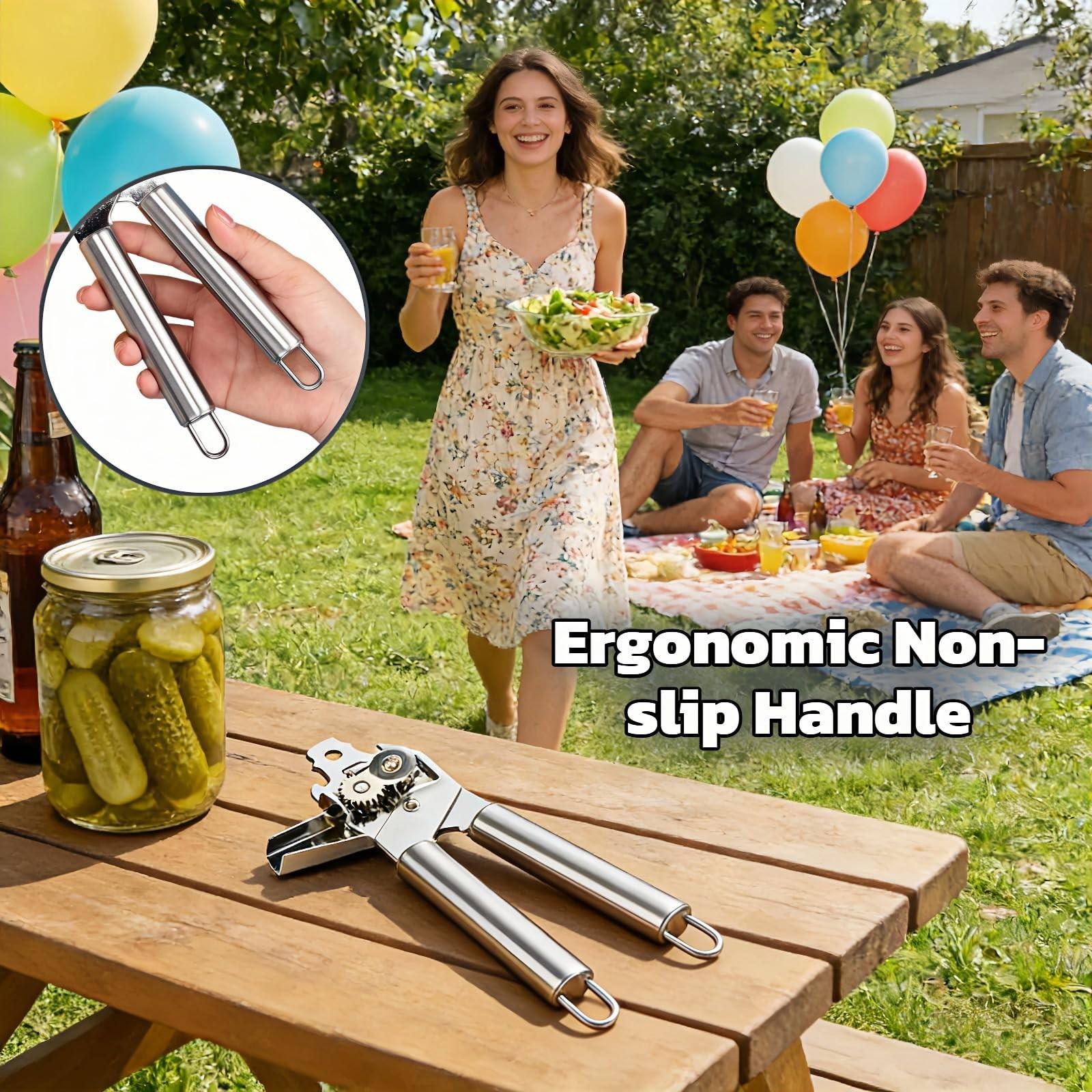 Stainless Steel Manual Can Opener, 3-In-1 Multifunctional, High-Carbon Steel Cutting Wheel, Ergonomic Handle, 7.28 Inch, for Food Cans and Bottles