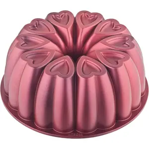 Heart Shape 10 Inch 12 Cups Cast Aluminum Molded Cake Pan Non-Stick Titanium Coating Heavy Duty Fluted Tube Pan Easy to Clean Red Great Gift for Mom